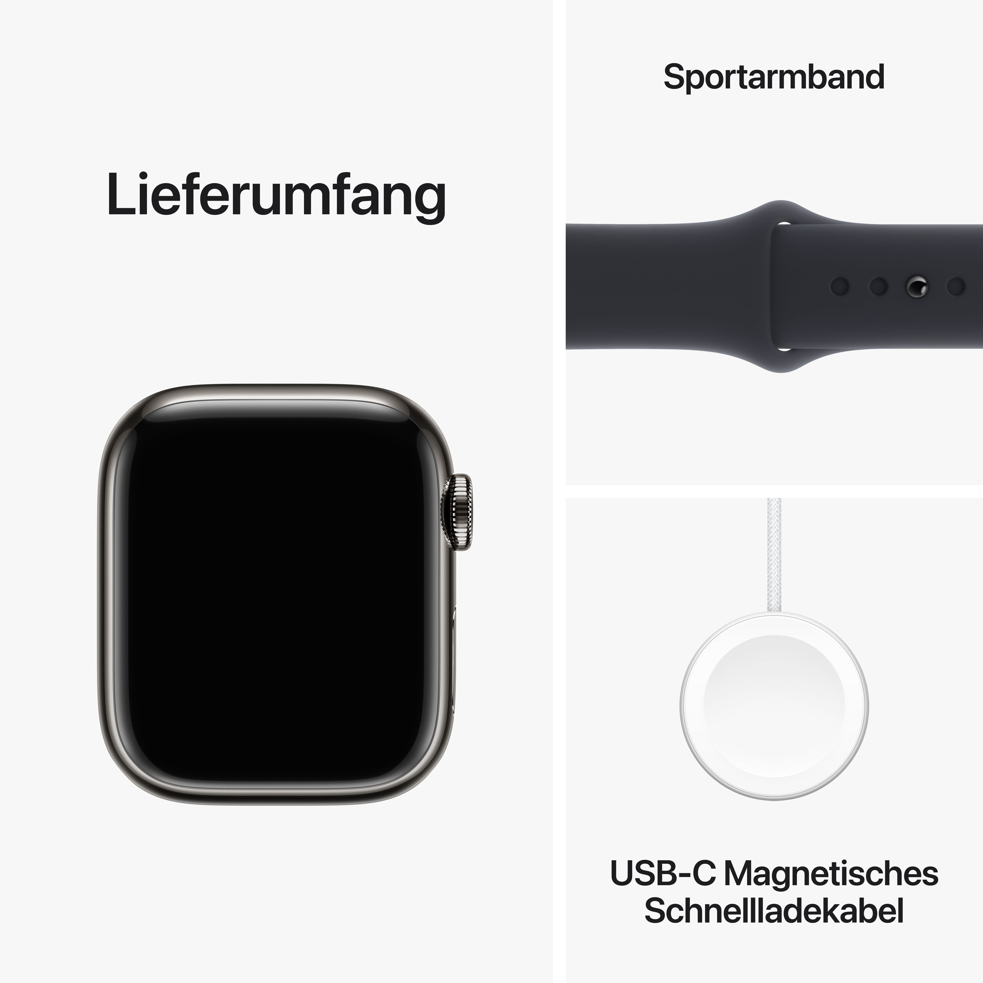 Apple Watch Series 9 LTE 41mm Edelstahl Graphit Sportarmband Mitternacht S/M