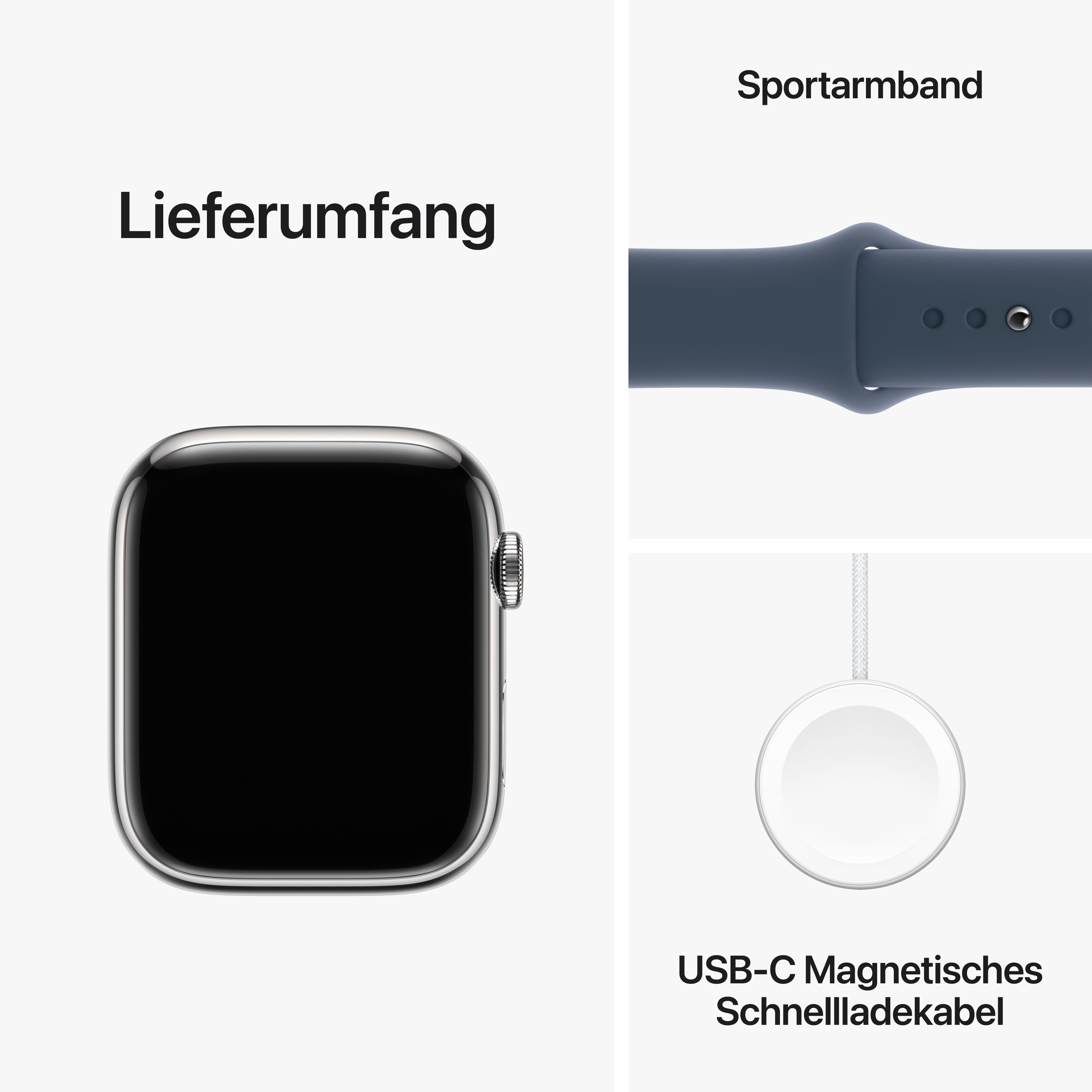 Apple Watch Series 9 LTE 45mm Edelstahl Silber Sportarmband Sturmblau S/M