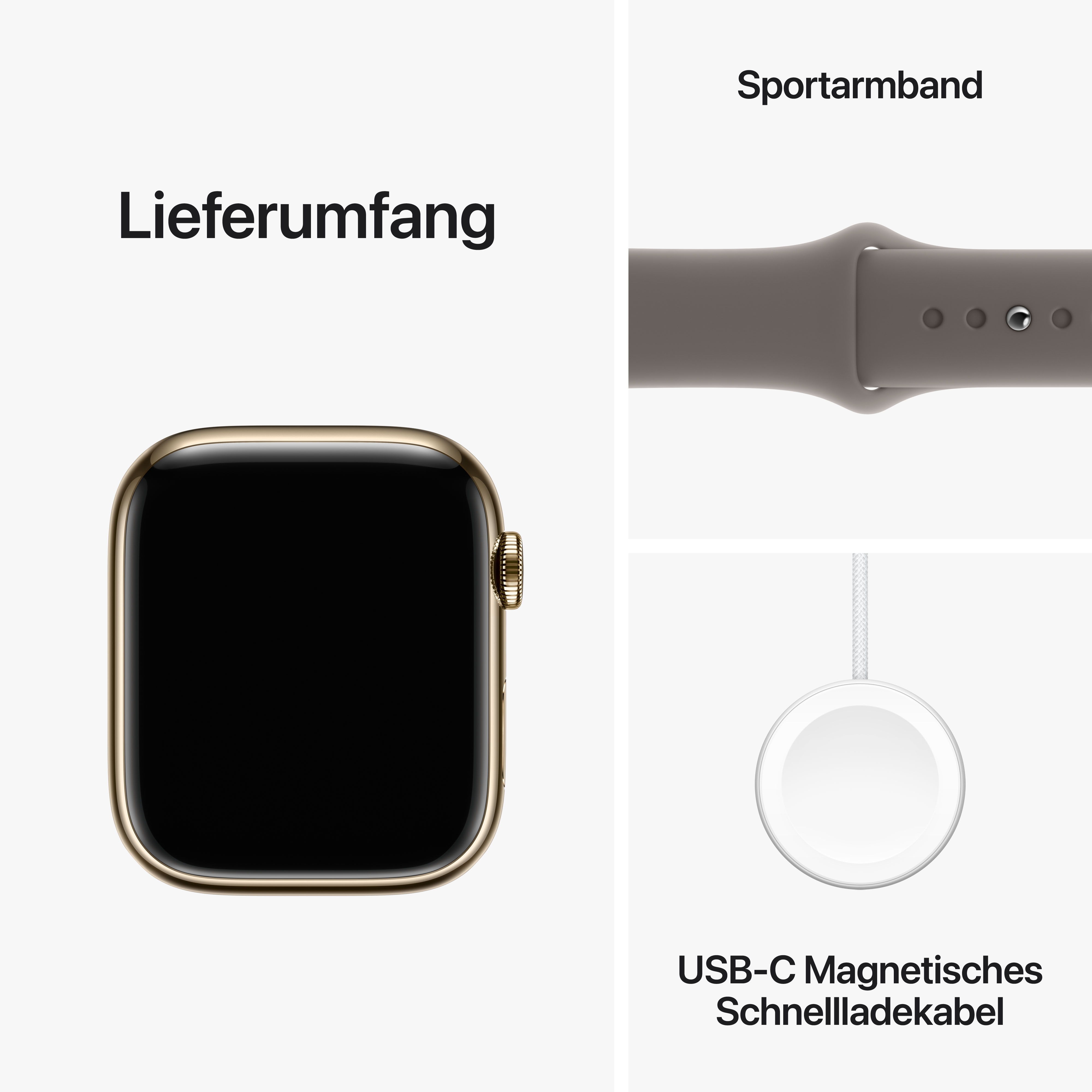 Apple Watch Series 9 LTE 45mm Edelstahl Gold Sportarmband Tonbraun S/M