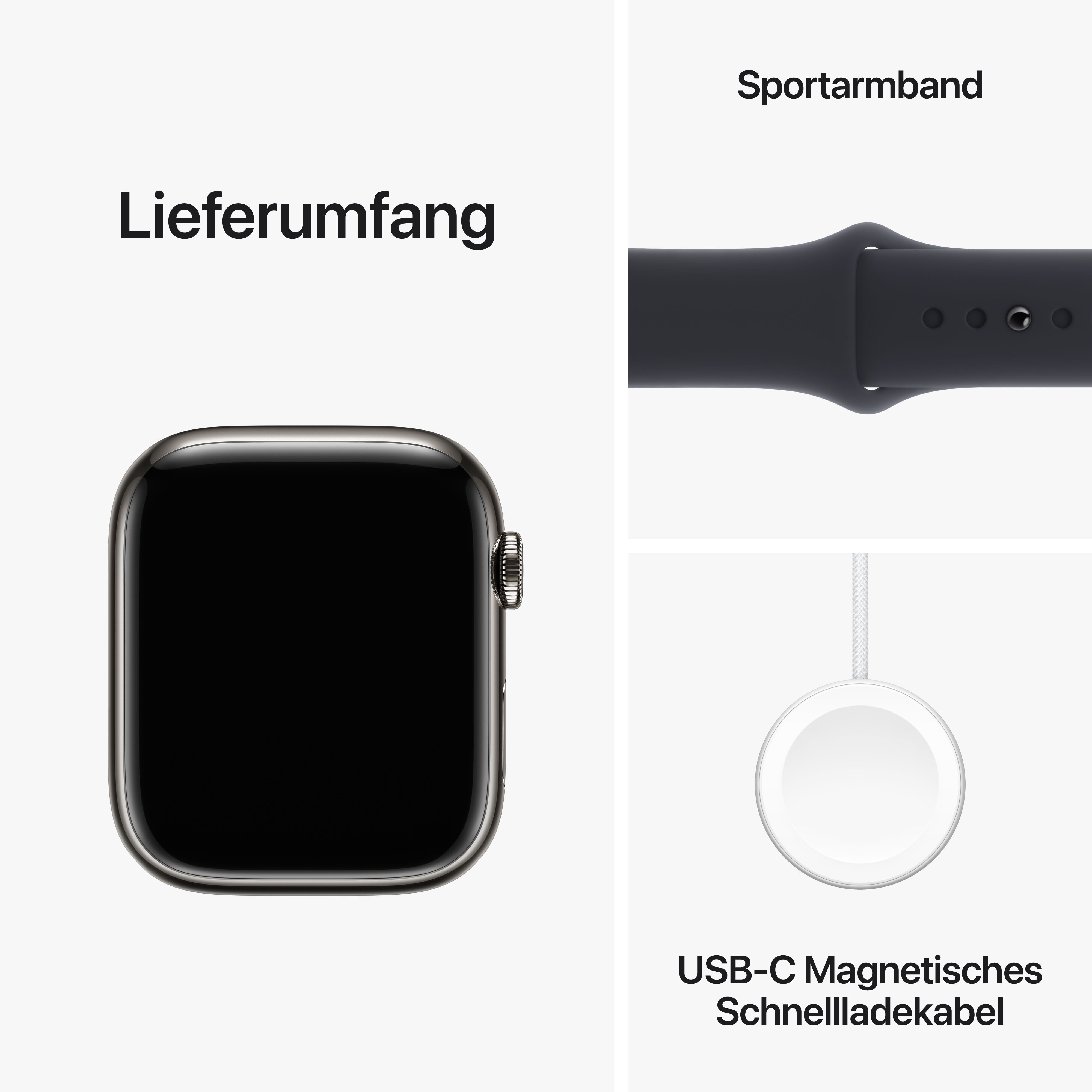 Apple Watch Series 9 LTE 45mm Edelstahl Graphit Sportarmband Mitternacht S/M