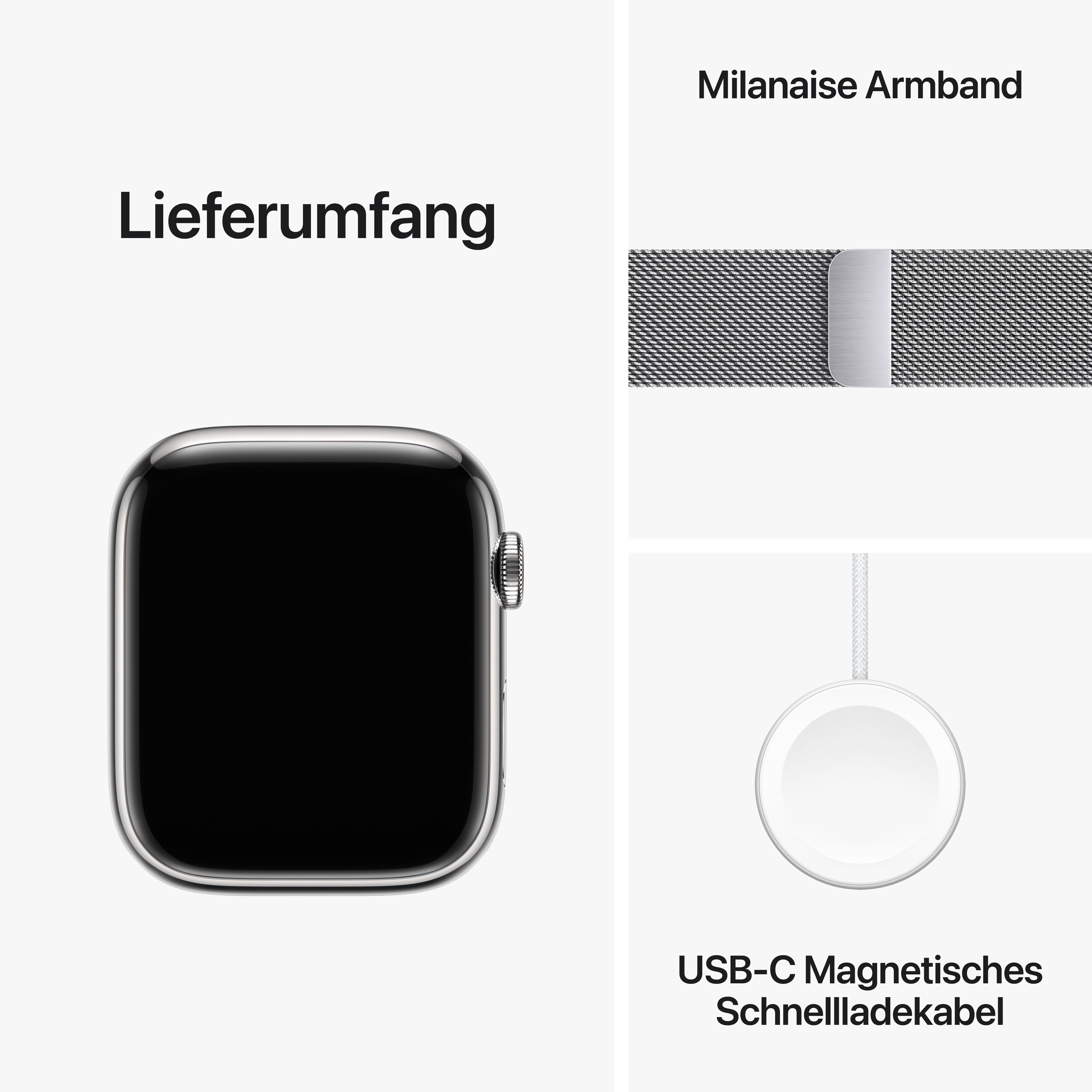 Apple Watch Series 9 LTE 45mm Edelstahl Silber Milanaise Silber