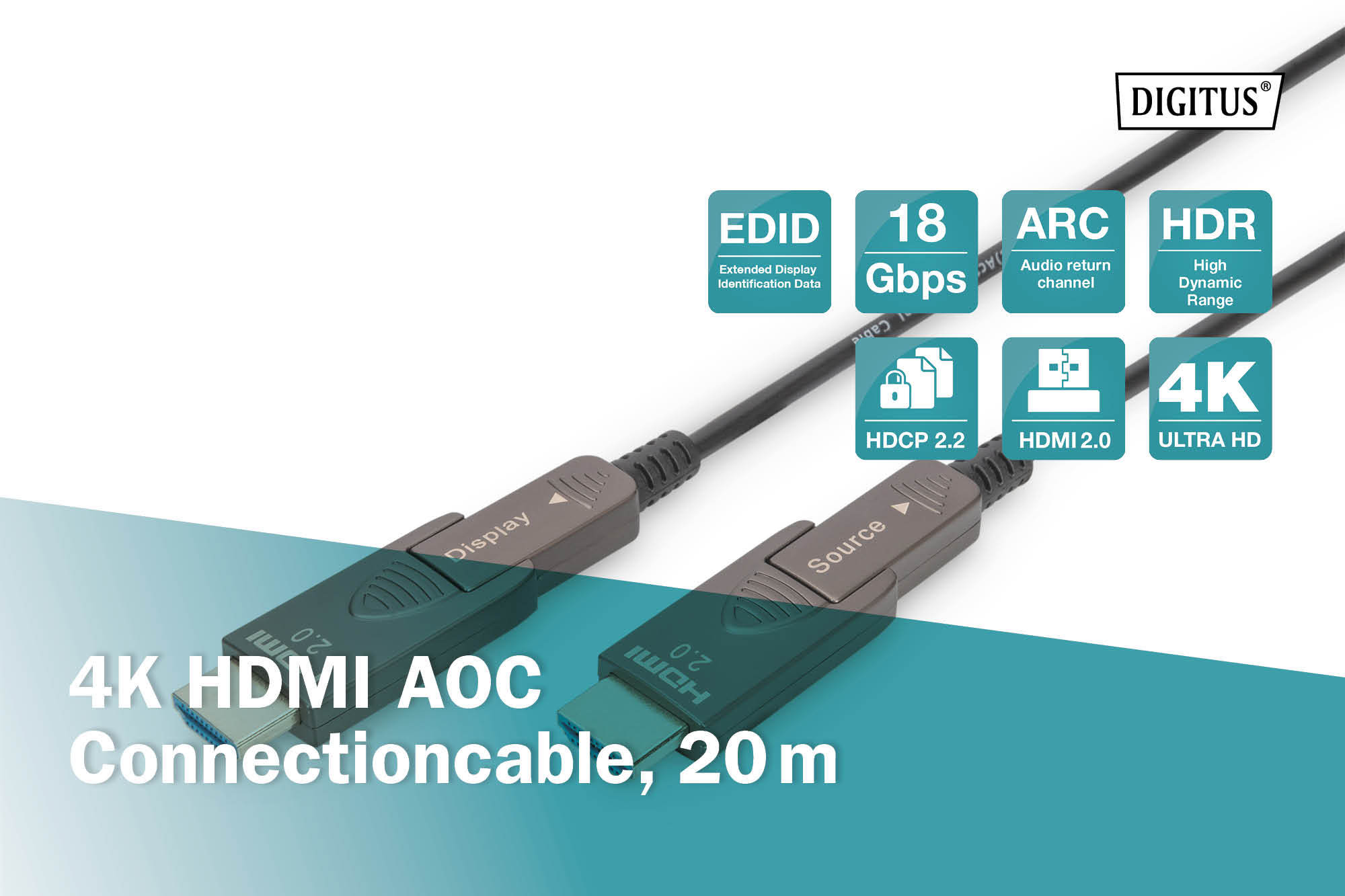 DIGITUS 4K HDMI AOC Verbindungskabel HDMI auf HDMI Abnehmbare Stecker 4K 20m