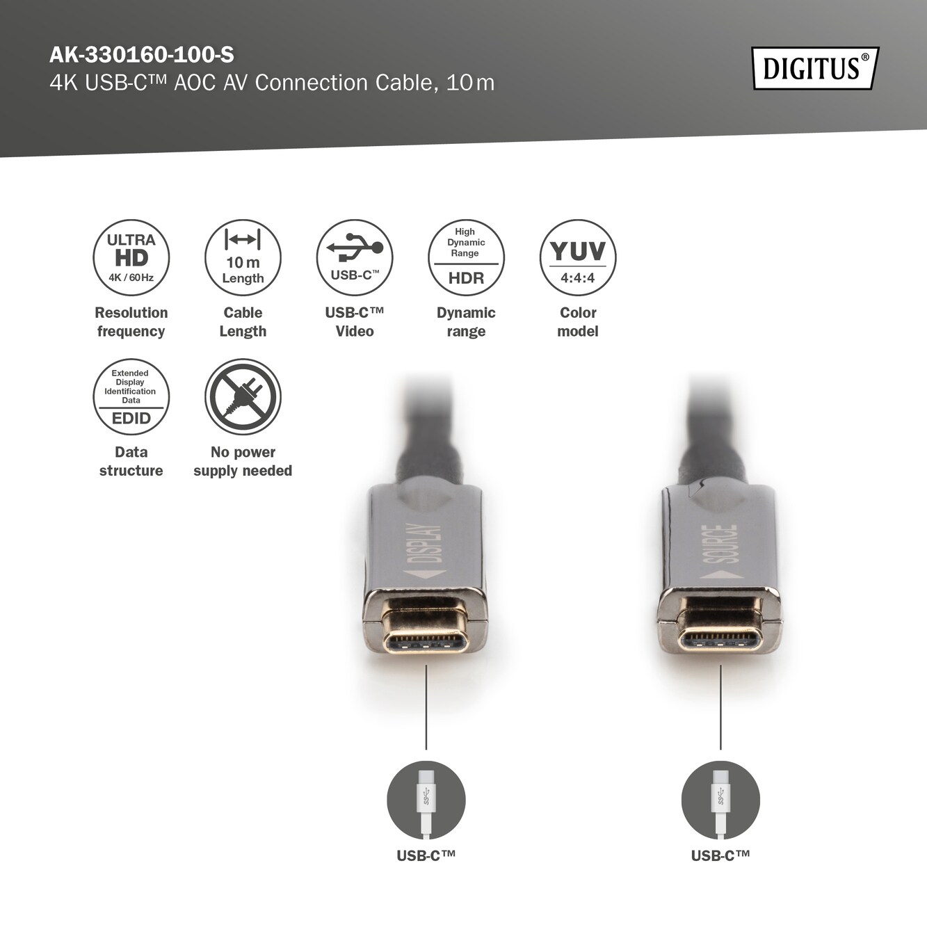 DIGITUS USB Type-C - USB Type-C AOC Hybrid Glasfaserkabel 4K, 10m