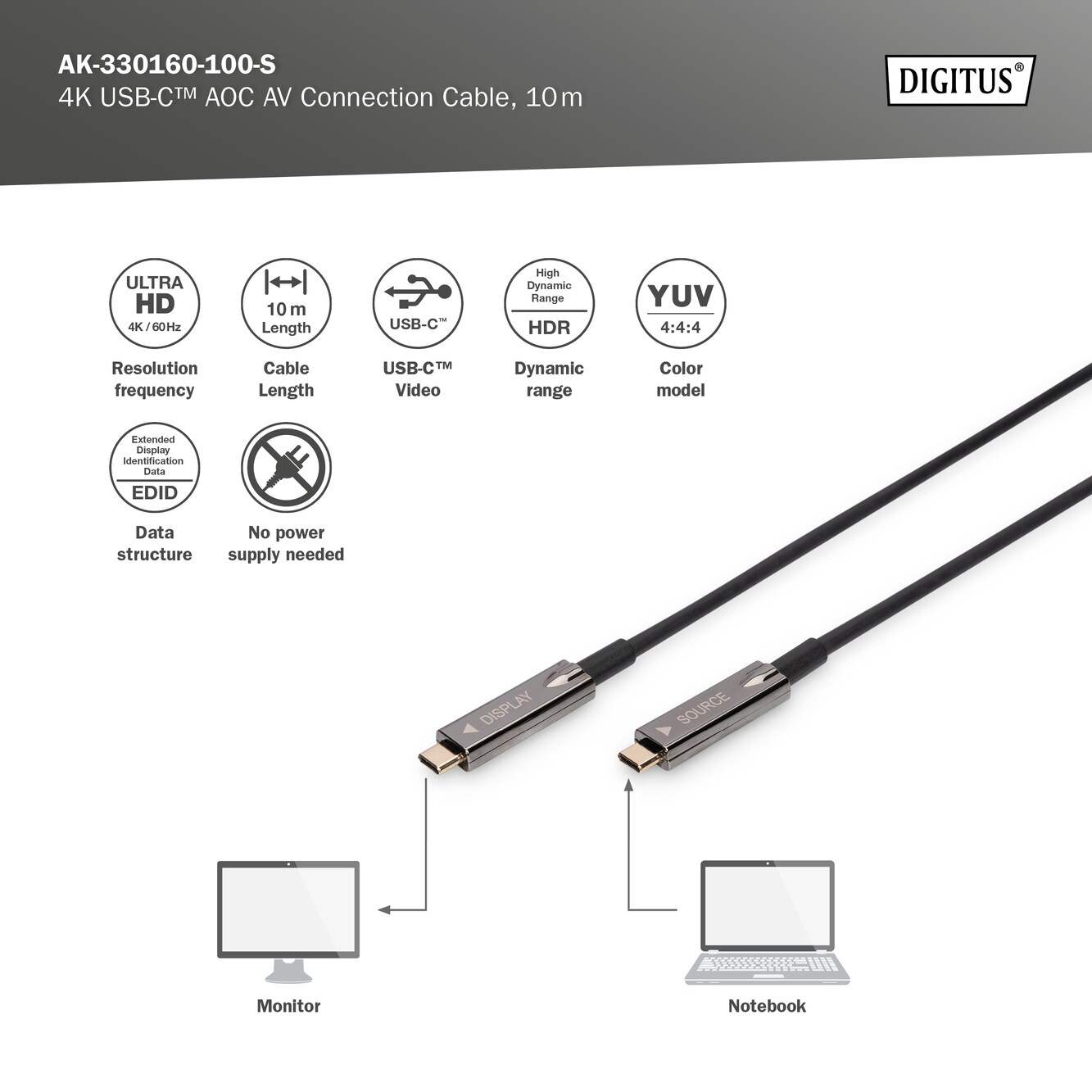 DIGITUS USB Type-C - USB Type-C AOC Hybrid Glasfaserkabel 4K, 10m