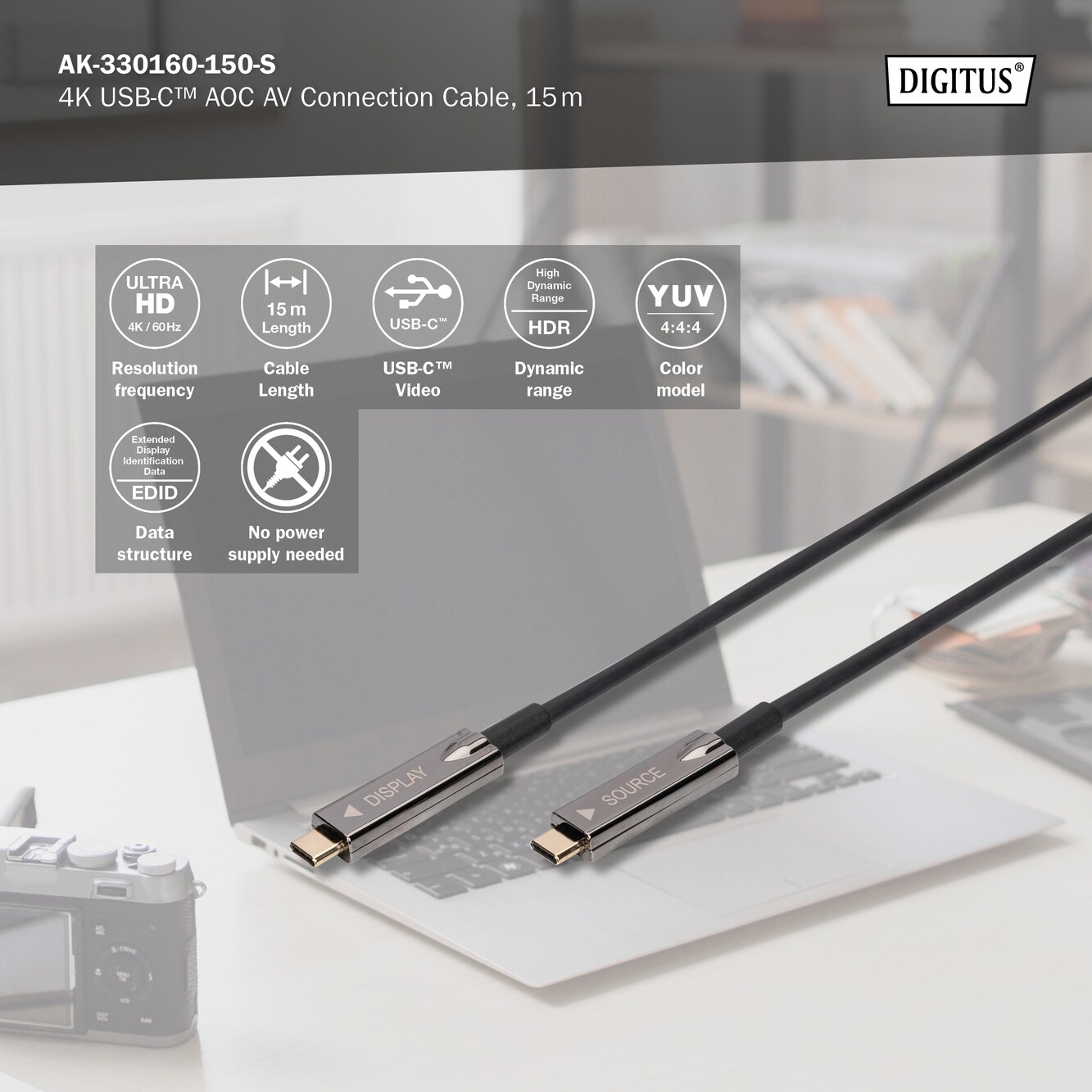 DIGITUS USB Type-C - USB Type-C AOC Hybrid Glasfaserkabel 4K, 15m