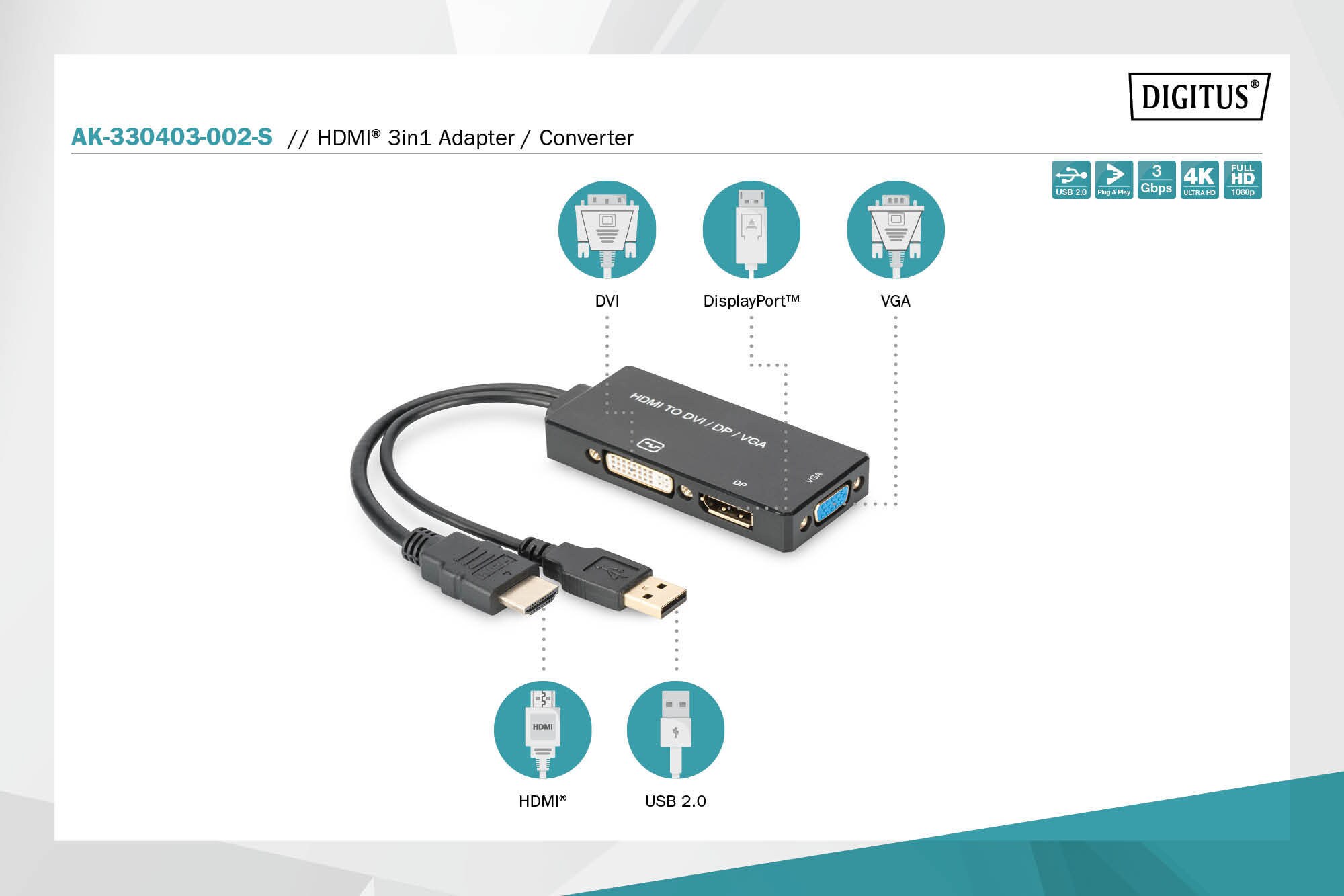 DIGITUS HDMI Konverterkabel, HDMI - DP+DVI+VGA St-Bu/Bu/Bu, 0,2m