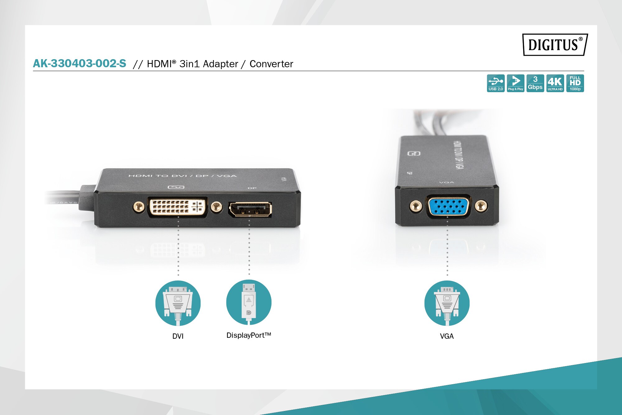 DIGITUS HDMI Konverterkabel, HDMI - DP+DVI+VGA St-Bu/Bu/Bu, 0,2m