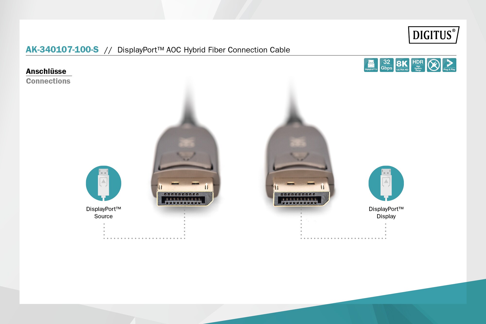 DIGITUS DisplayPort AOC Hybrid-Glasfaser Anschlusskabel M/M, 10m