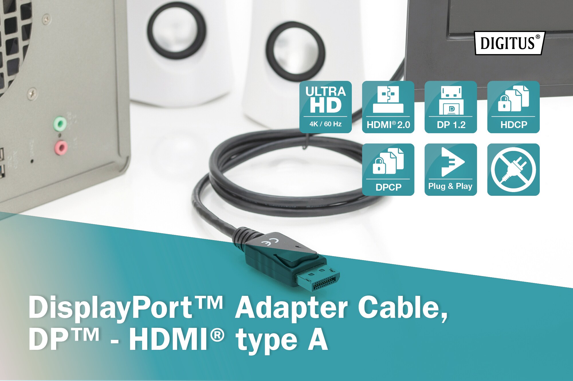 DIGITUS Displayport Adapterkabel, DP - HDMI Typ A St/St, 2.0m