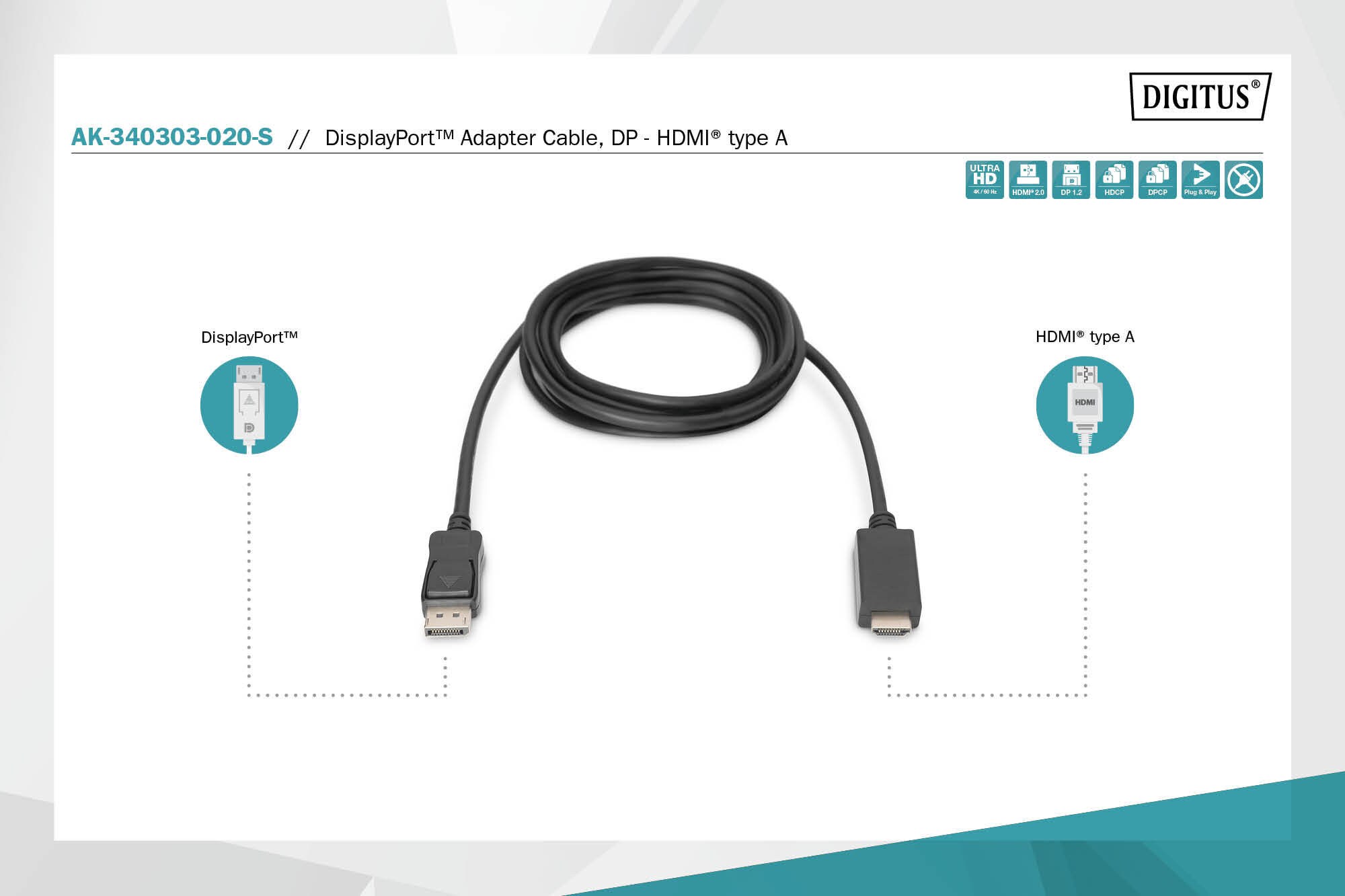 DIGITUS Displayport Adapterkabel, DP - HDMI Typ A St/St, 2.0m