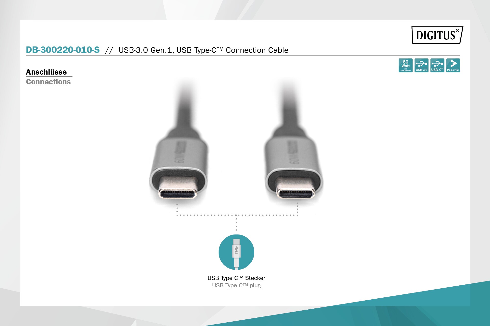 DIGITUS USB-C auf USB-C, PD60W, Gen1 USB3.0 Verbindungskabel 1m