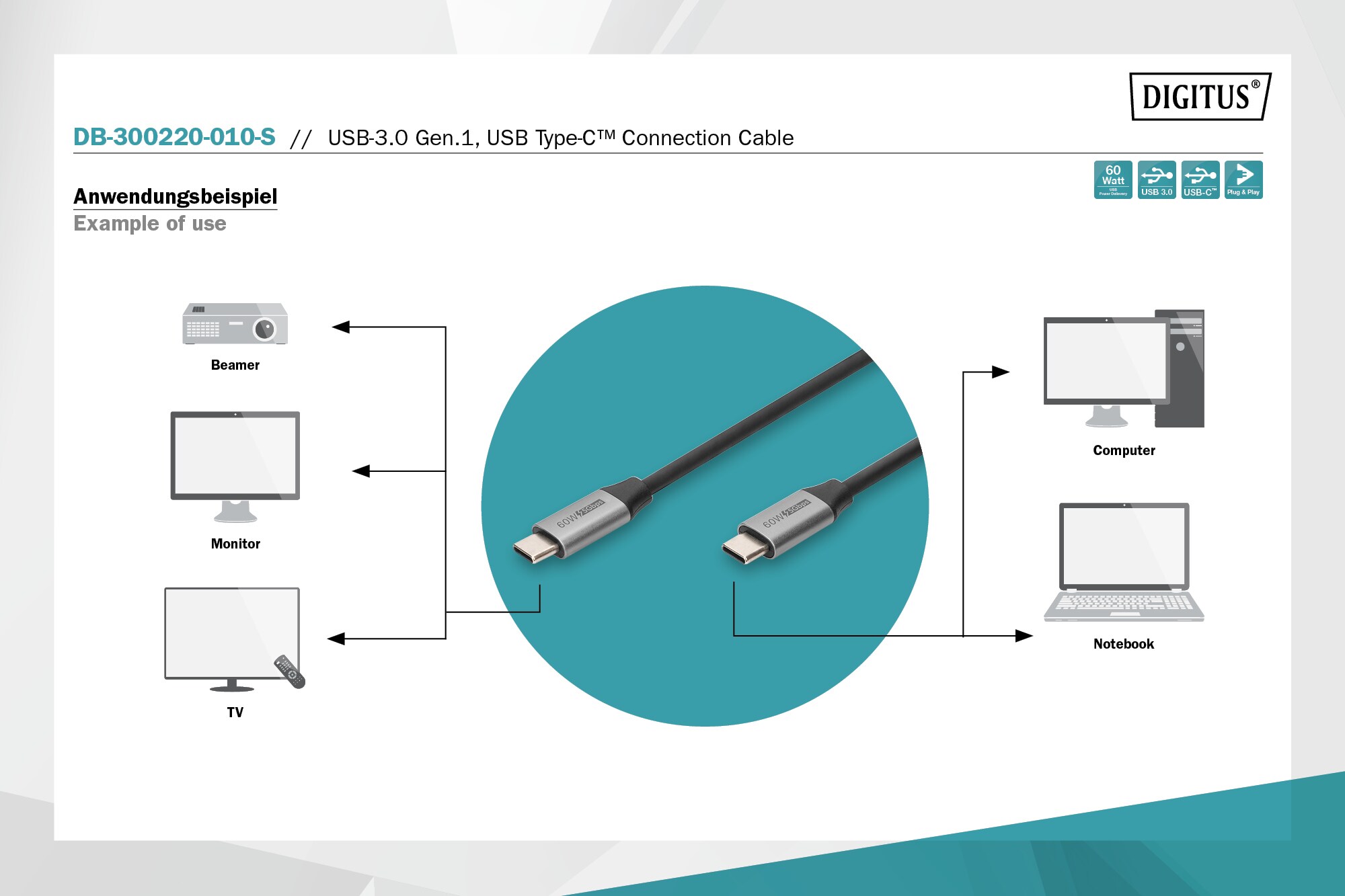 DIGITUS USB-C auf USB-C, PD60W, Gen1 USB3.0 Verbindungskabel 1m