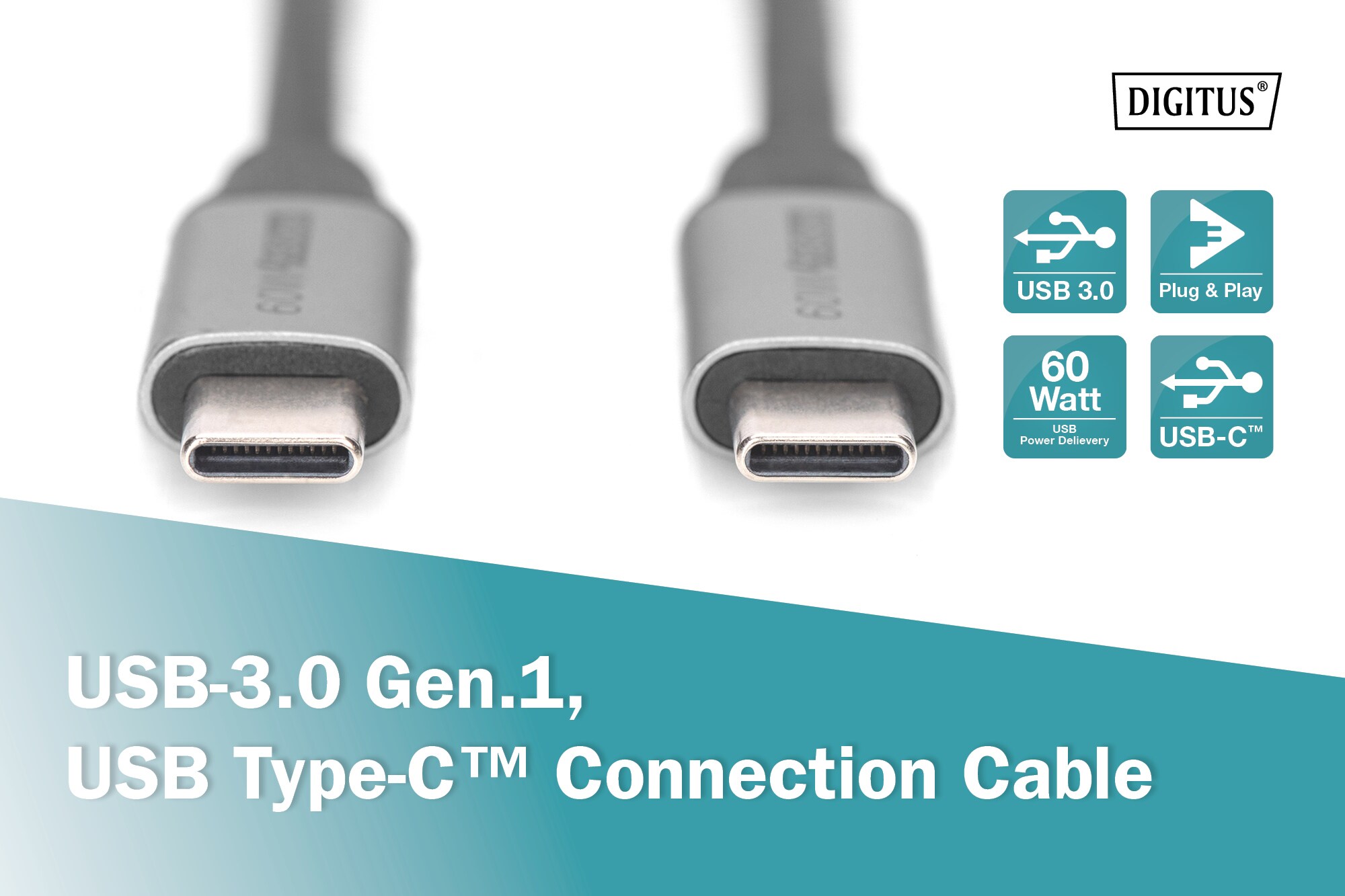 DIGITUS USB-C auf USB-C, PD60W, Gen1 USB3.0 Verbindungskabel 1m