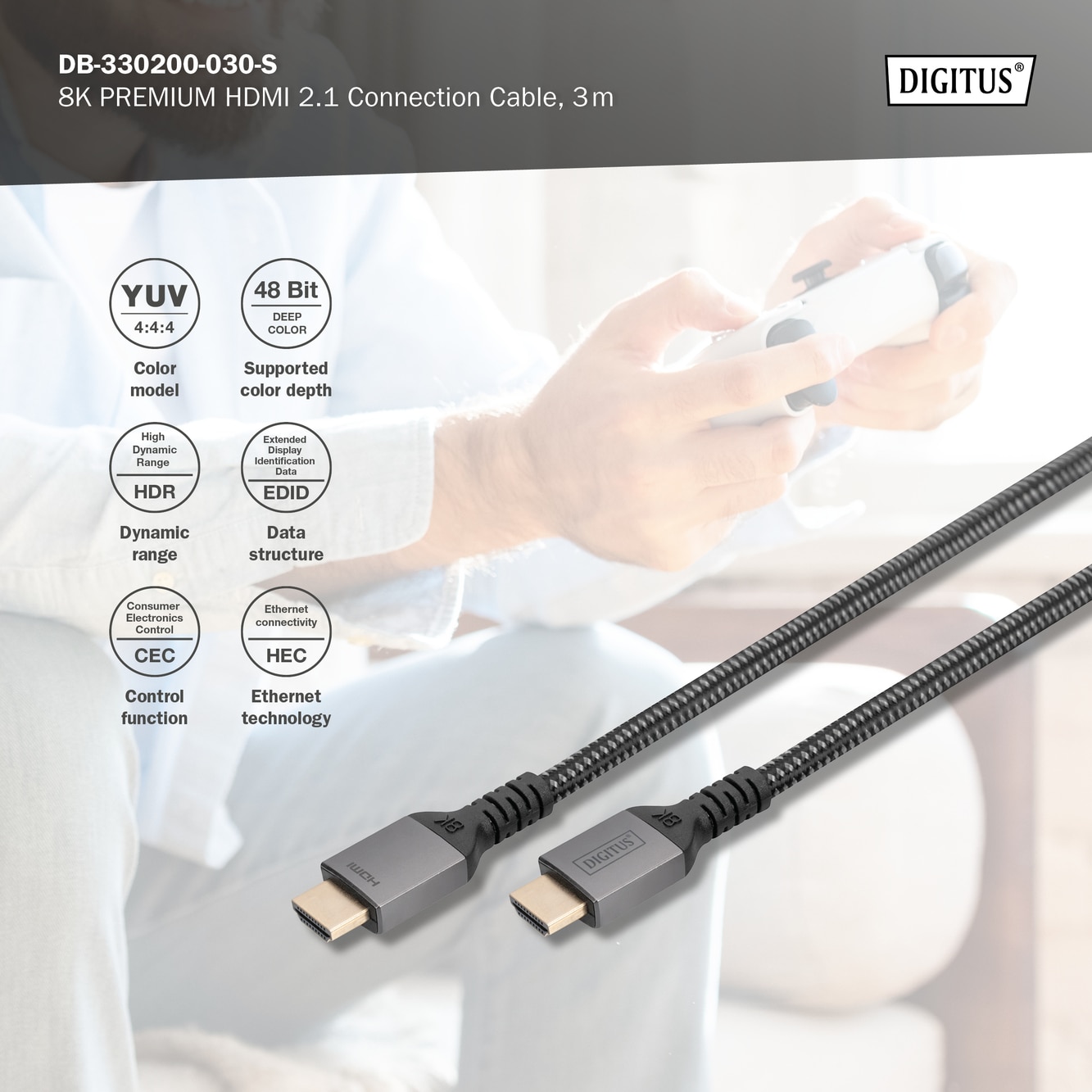 DIGITUS 8K Premium HDMI Kabel mit Aluminumgehäuse, 3m