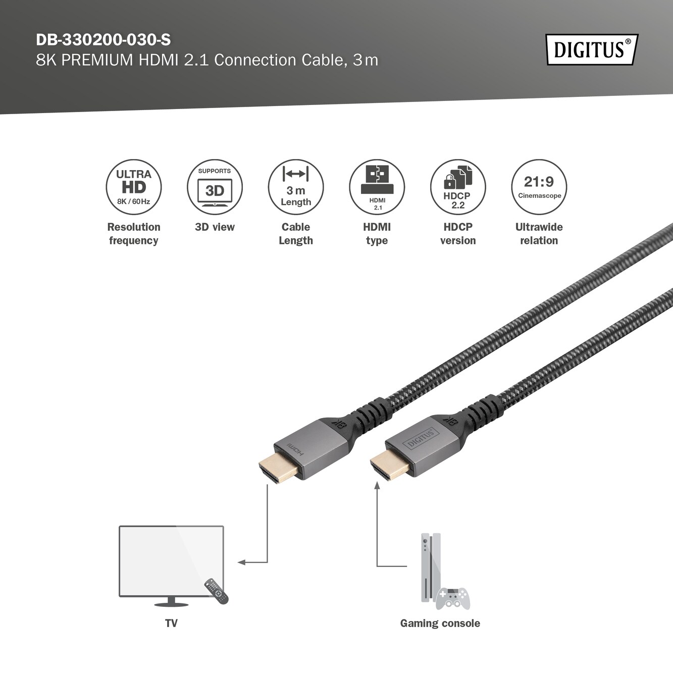 DIGITUS 8K Premium HDMI Kabel mit Aluminumgehäuse, 3m