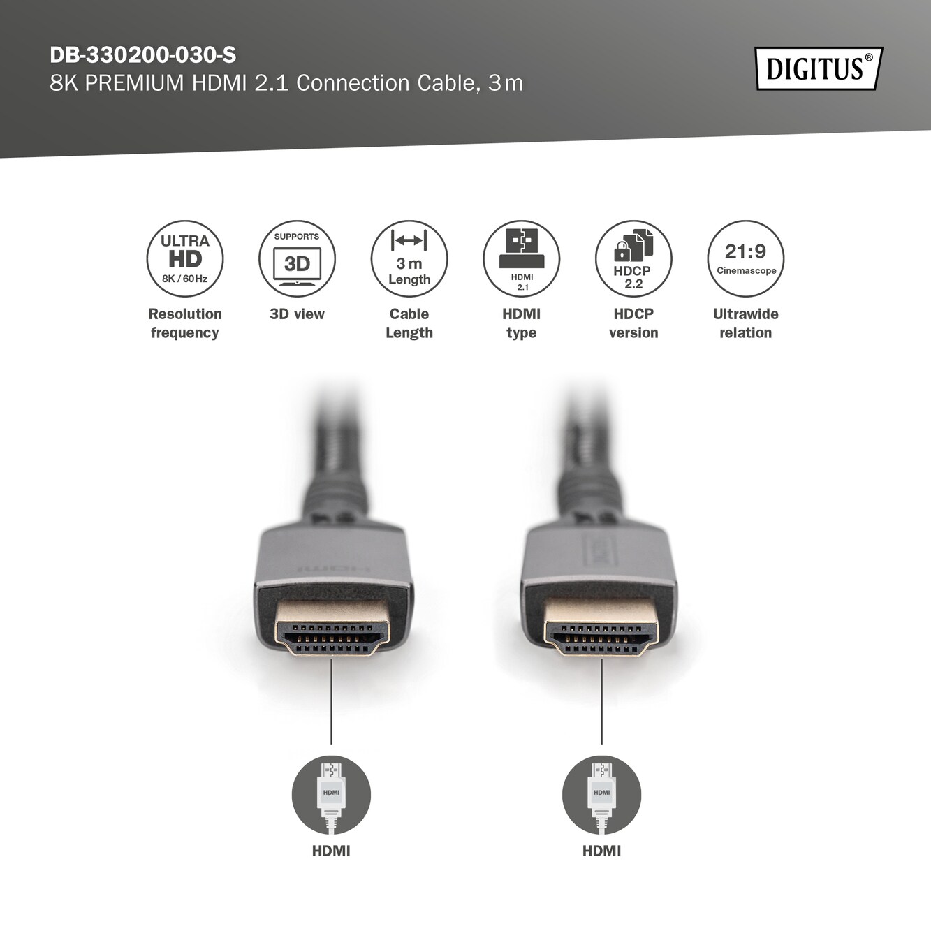 DIGITUS 8K Premium HDMI Kabel mit Aluminumgehäuse, 3m