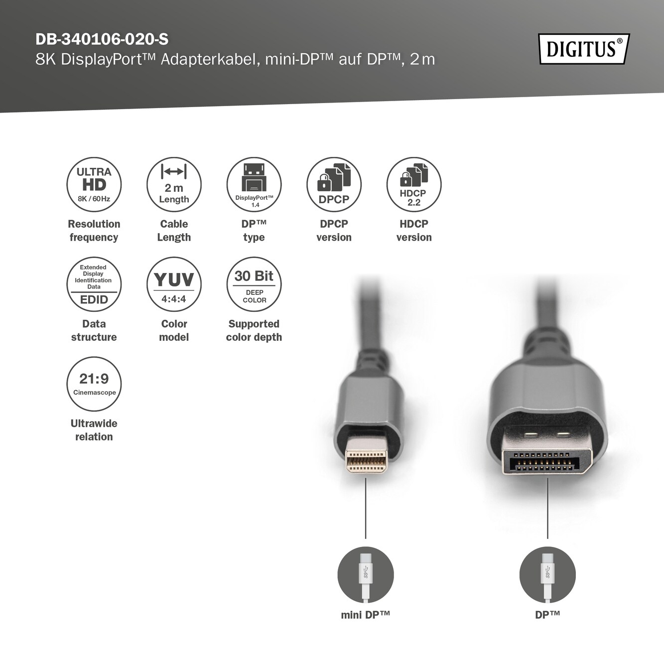 DIGITUS 8K mini DP zu DP Alugehäuse, schwarz, 2m