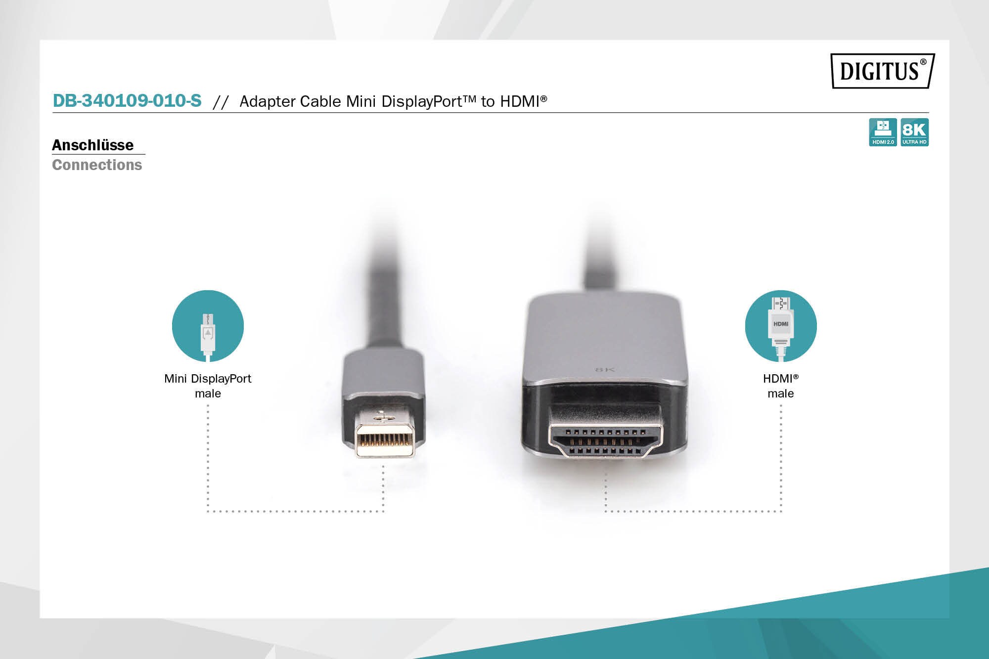 DIGITUS 8K Adapterkabel mini DP zu HDMI M/M Alugehäuse, 1m