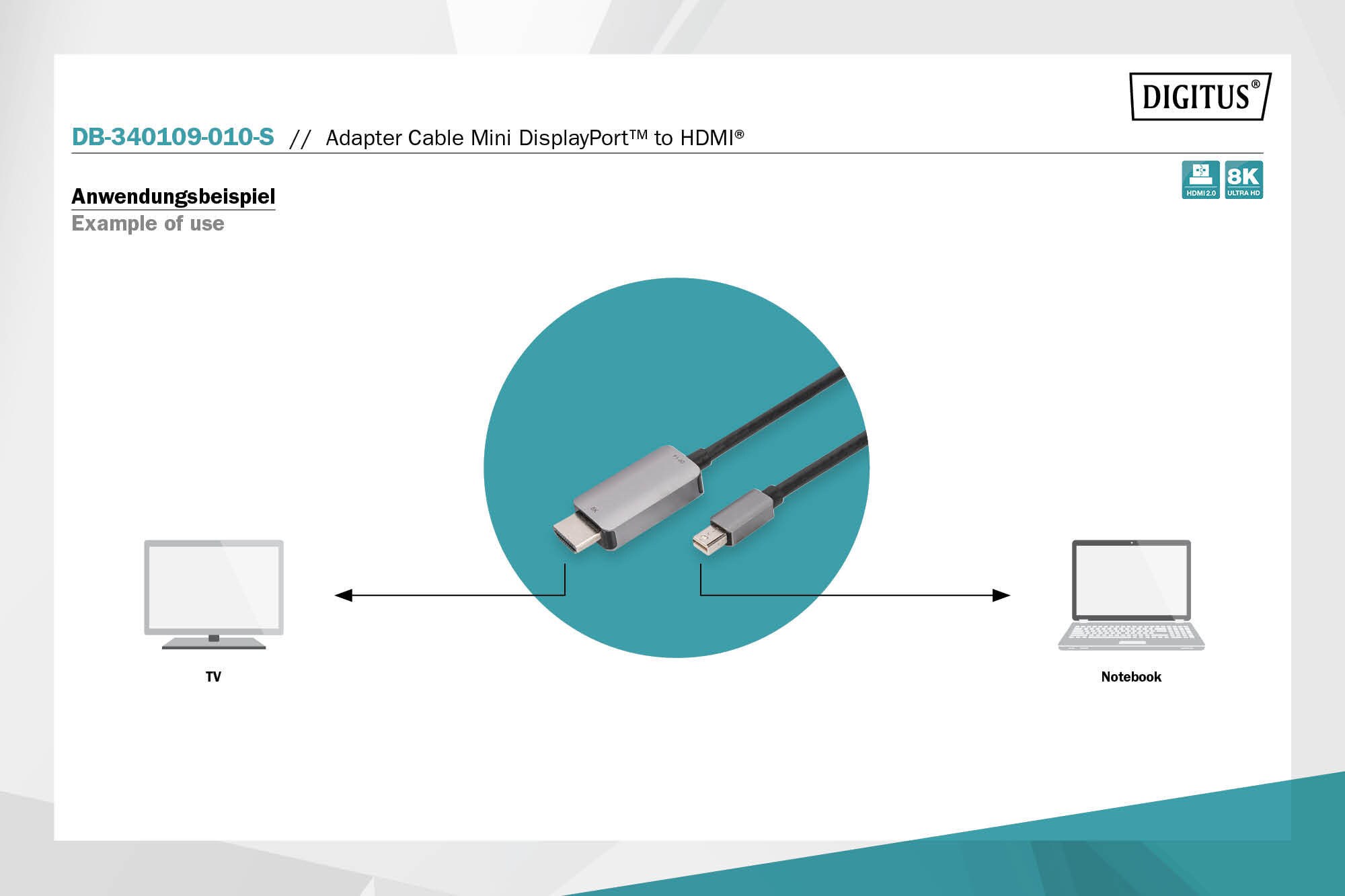 DIGITUS 8K Adapterkabel mini DP zu HDMI M/M Alugehäuse, 1m