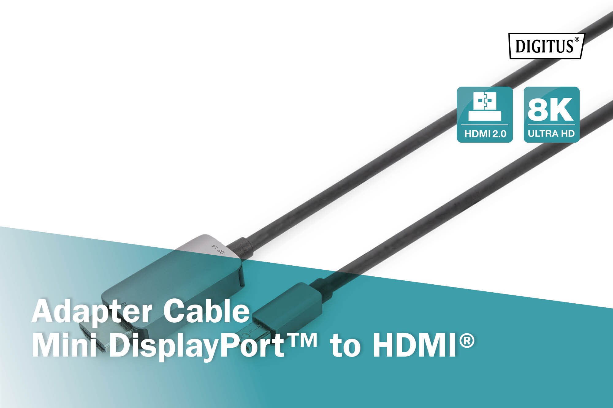 DIGITUS 8K Adapterkabel mini DP zu HDMI M/M Alugehäuse, 1m