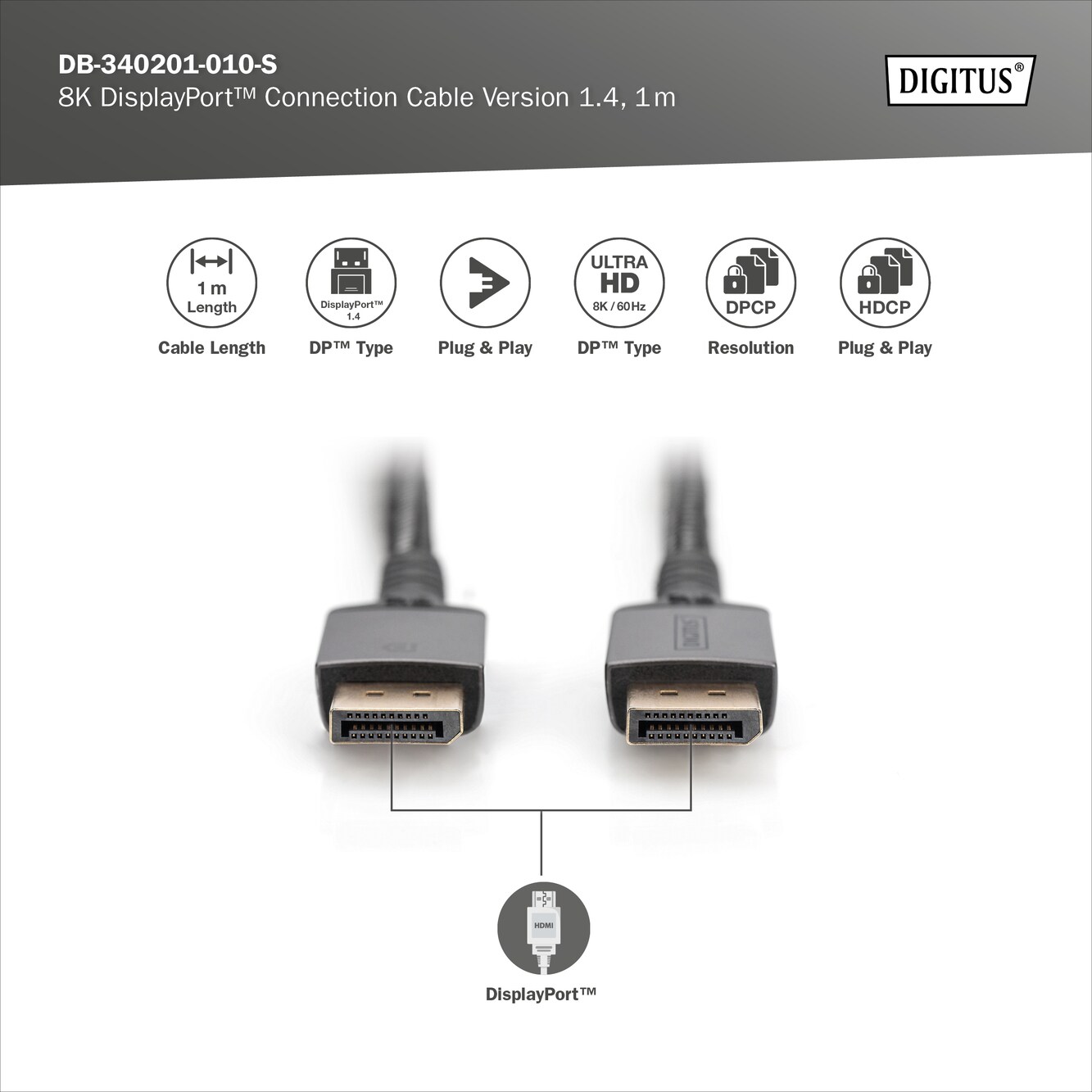 DIGITUS 8K DisplayPort Anschlusskabel DP zu DP, 1m