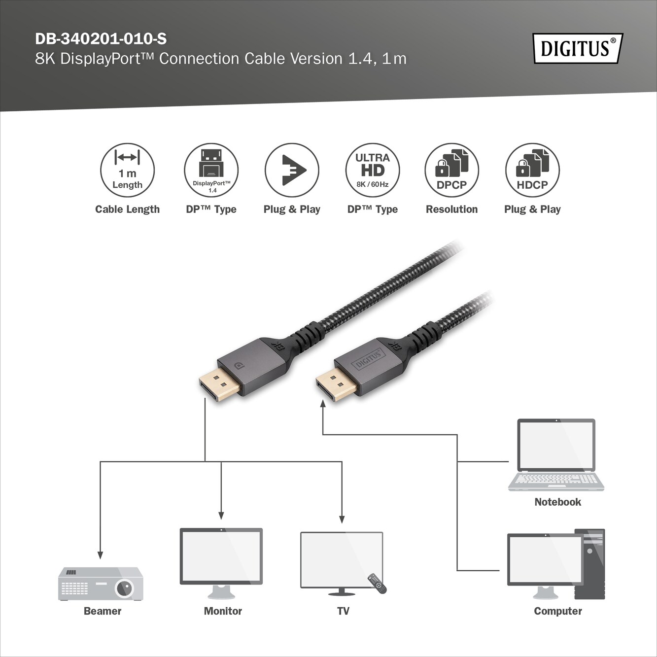 DIGITUS 8K DisplayPort Anschlusskabel DP zu DP, 1m