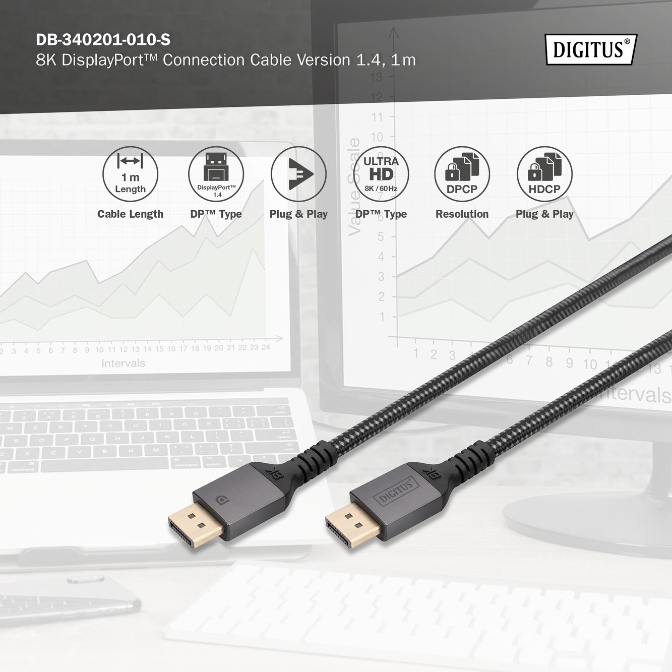 DIGITUS 8K DisplayPort Anschlusskabel DP zu DP, 1m