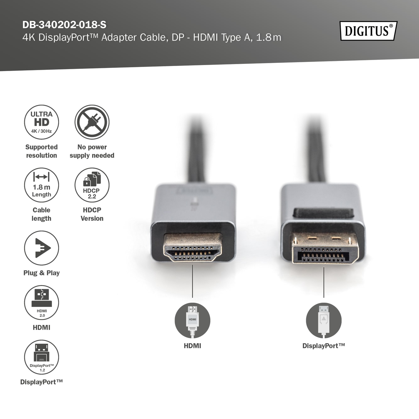 DIGITUS 4K DisplayPort Adapterkabel, DP - HDMI Typ A, 1,8m