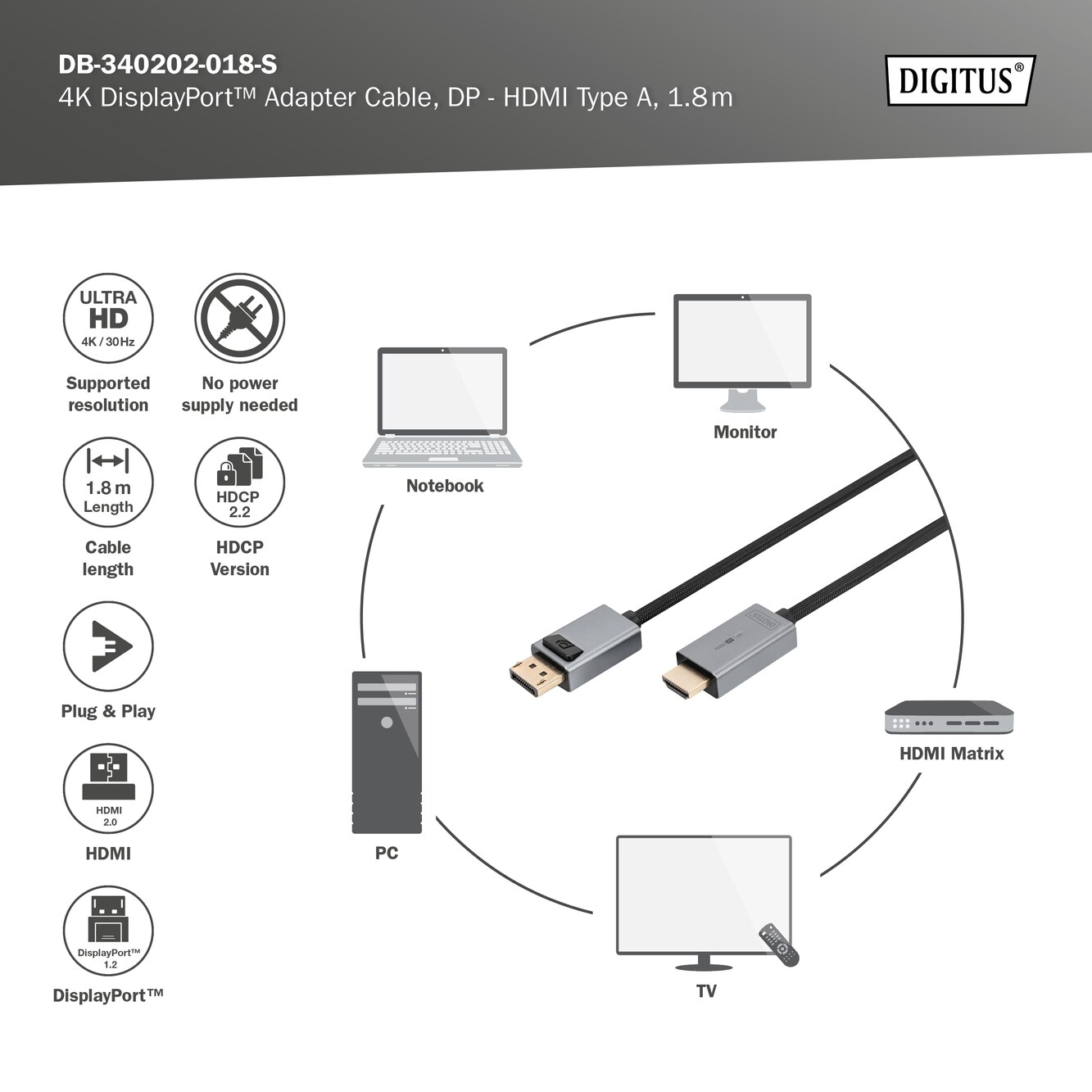 DIGITUS 4K DisplayPort Adapterkabel, DP - HDMI Typ A, 1,8m