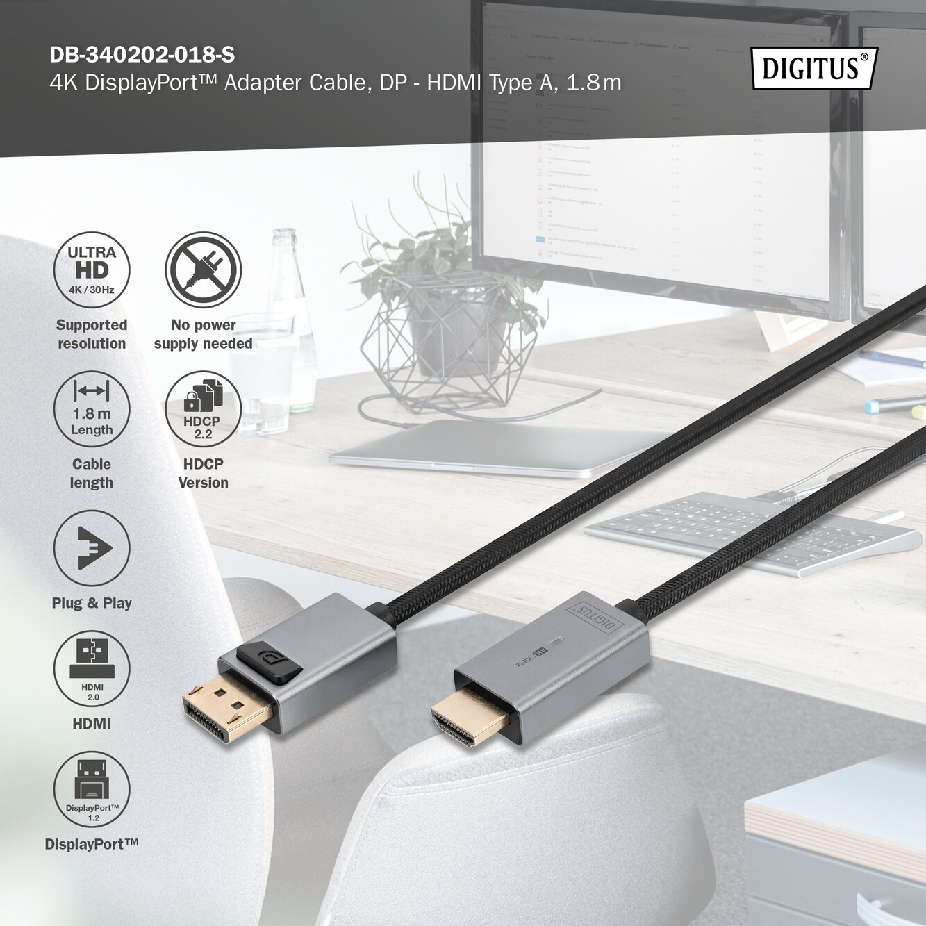 DIGITUS 4K DisplayPort Adapterkabel, DP - HDMI Typ A, 1,8m