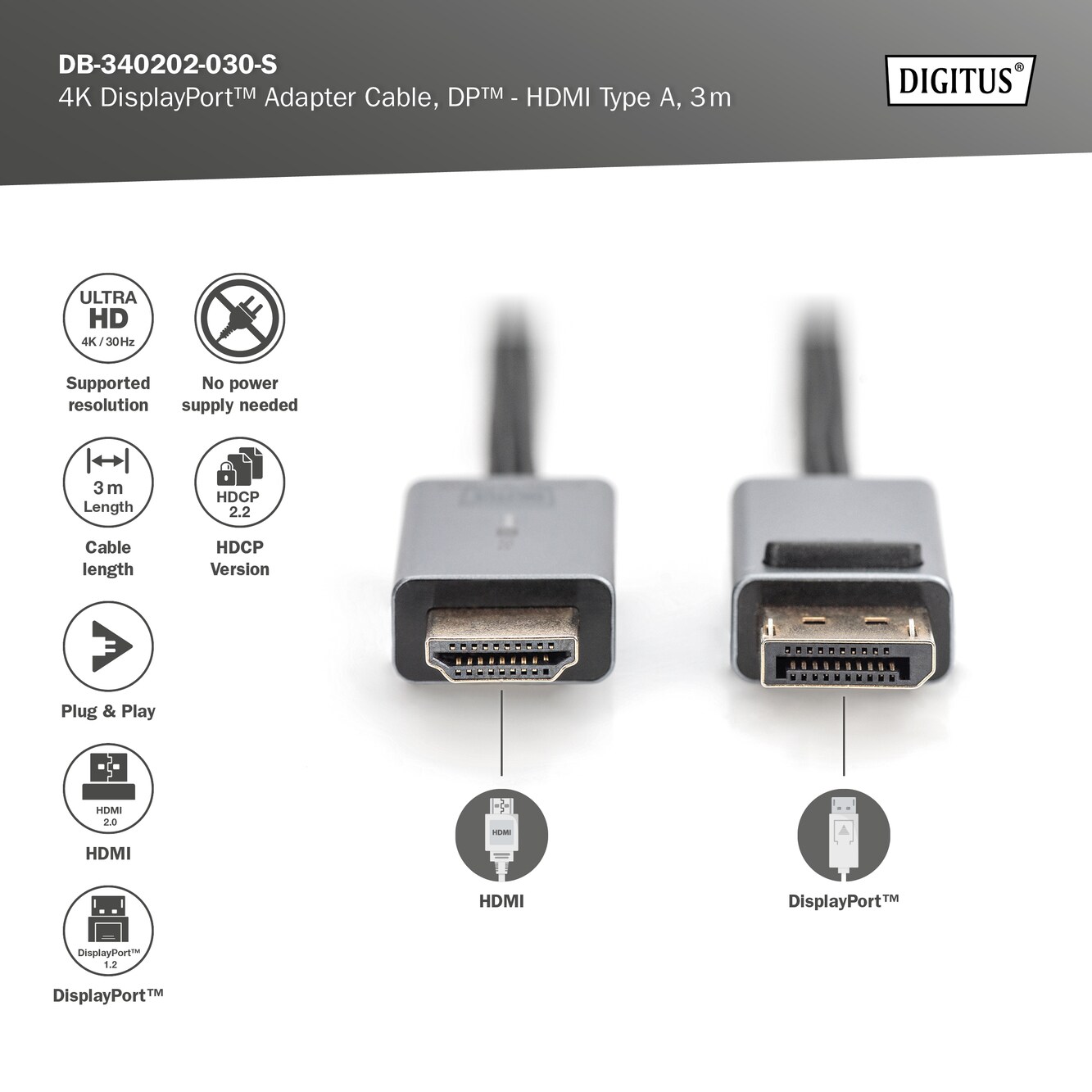 DIGITUS 4K DisplayPort Adapterkabel, DP - HDMI Typ A, 3,0m