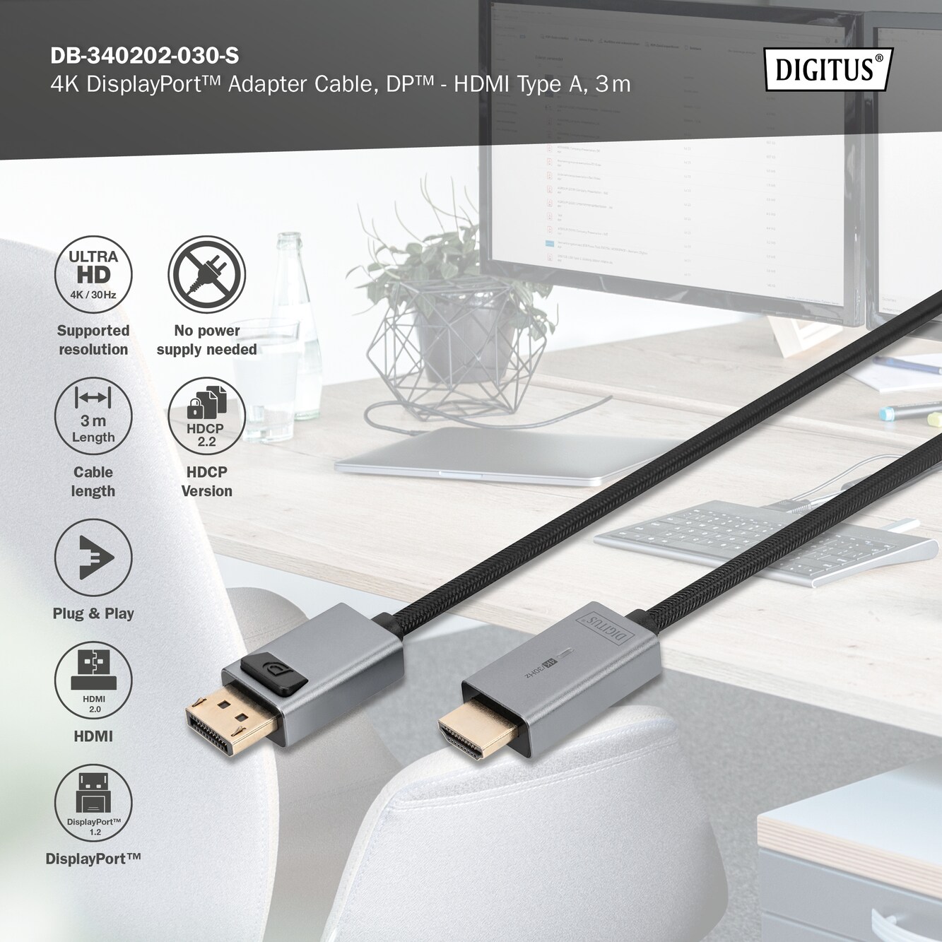 DIGITUS 4K DisplayPort Adapterkabel, DP - HDMI Typ A, 3,0m