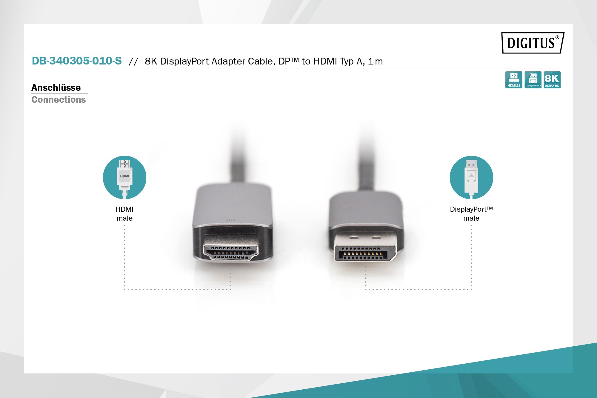 DIGITUS 8K DisplayPort Adapterkabel, DP auf HDMI Typ A, 1m