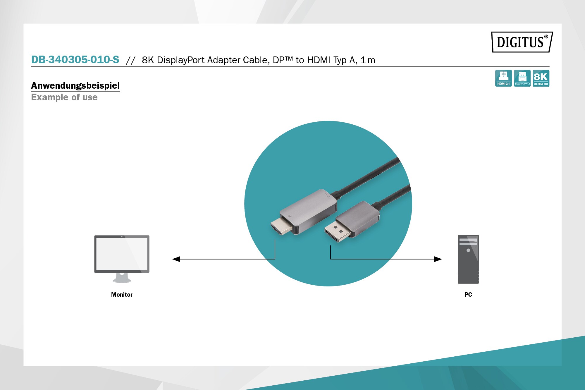 DIGITUS 8K DisplayPort Adapterkabel, DP auf HDMI Typ A, 1m