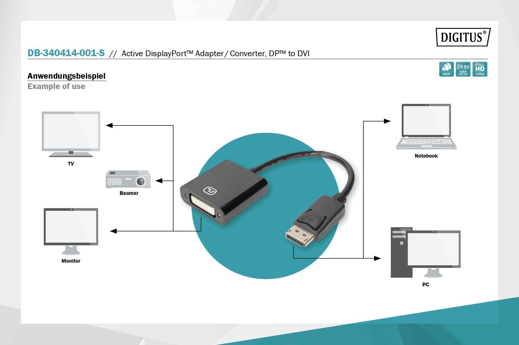 DIGITUS Aktiver DisplayPort Adapter DP auf DVI M/F, 0,15m