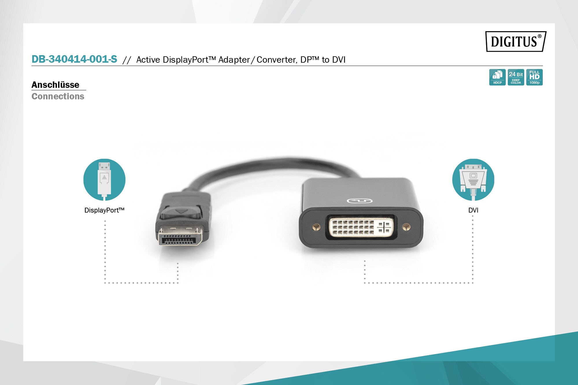 DIGITUS Aktiver DisplayPort Adapter DP auf DVI M/F, 0,15m