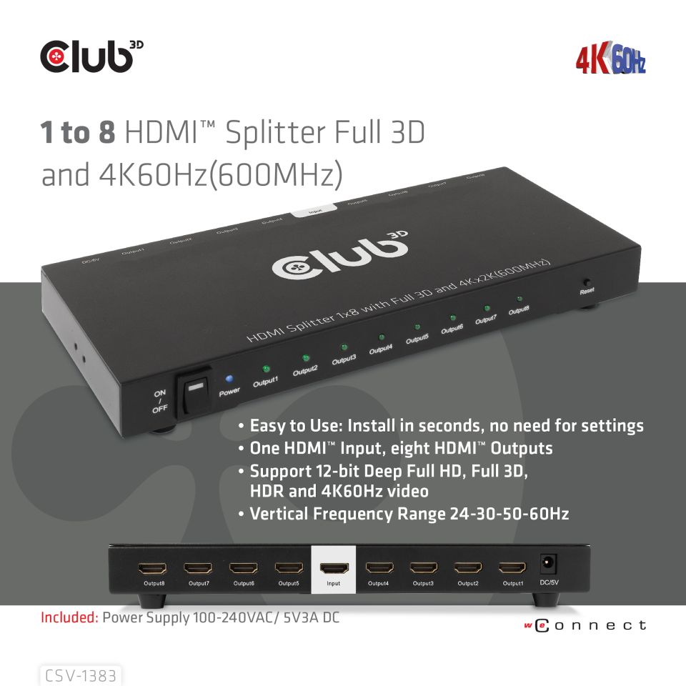 Club 3D 1 auf 8 HDMI™ Splitter Full 3D und 4K60Hz(600MHz)