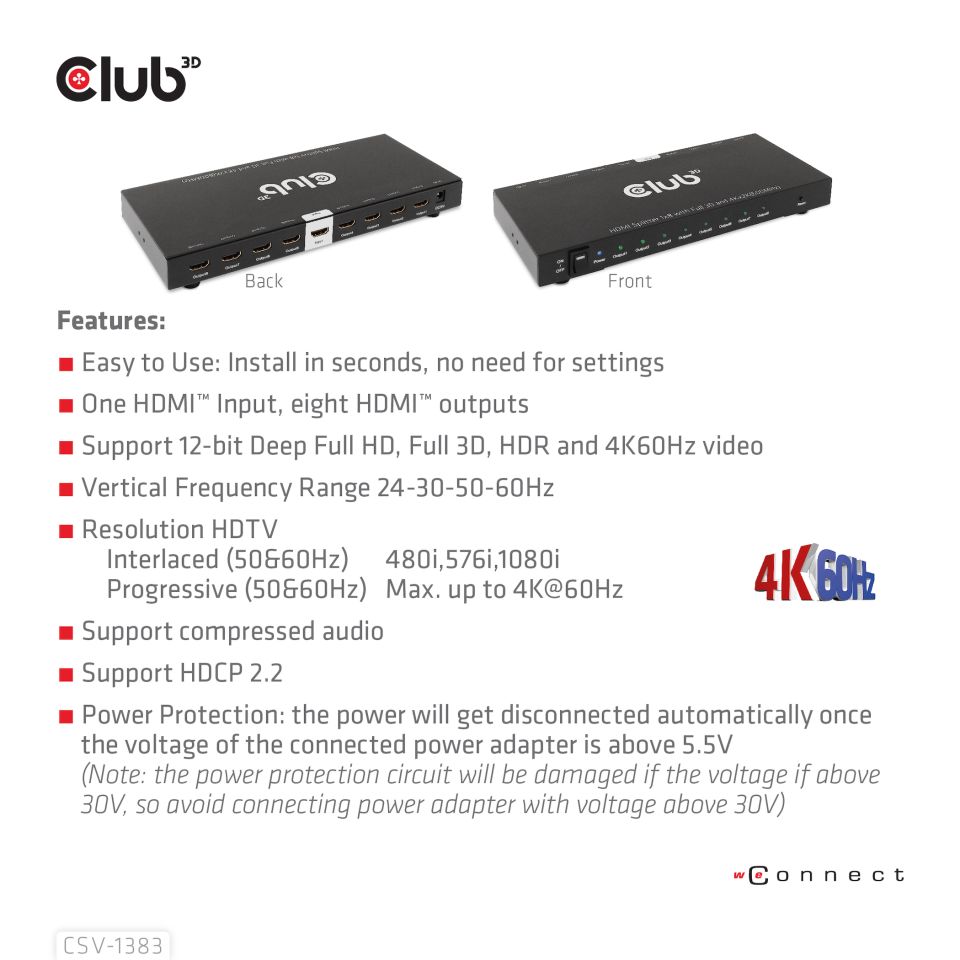 Club 3D 1 auf 8 HDMI™ Splitter Full 3D und 4K60Hz(600MHz)