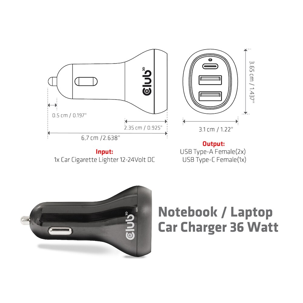 Club 3D Notebook / Laptop 12V KFZ-Ladegerät 36 Watt USB-A/USB-C