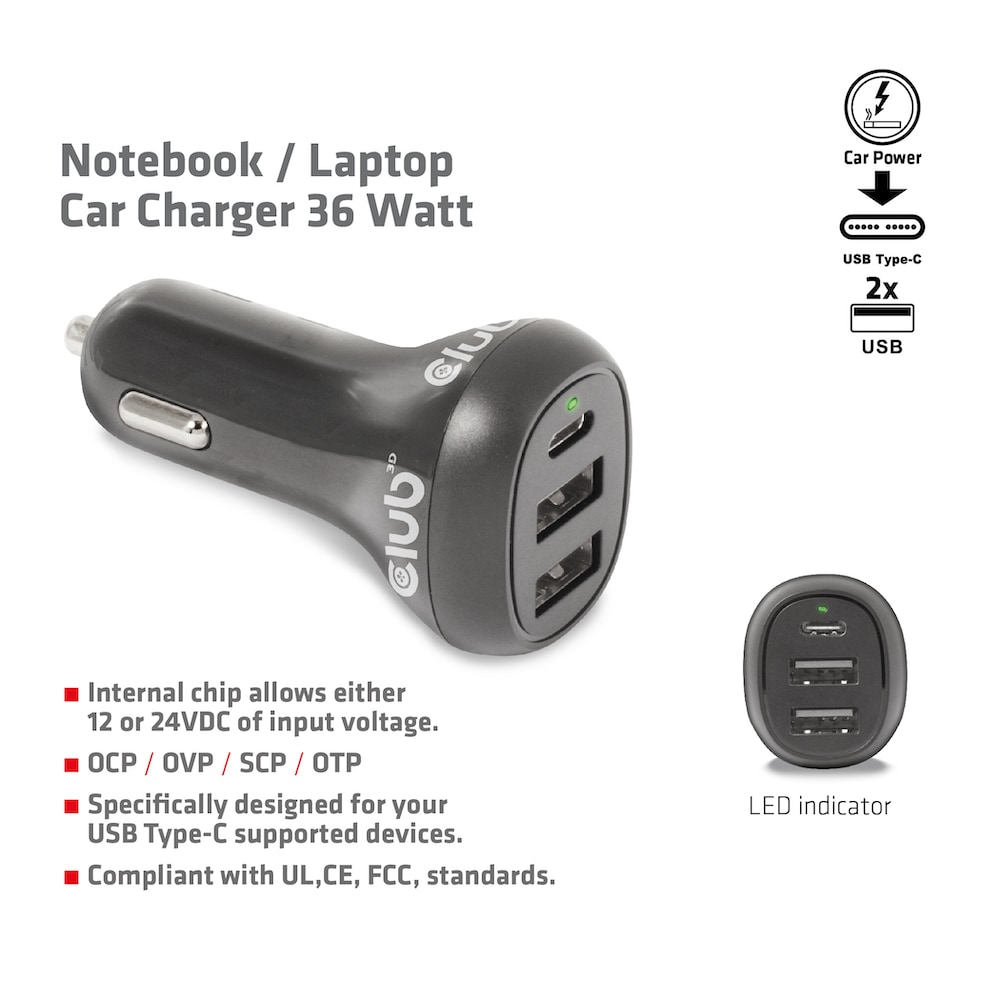 Club 3D Notebook / Laptop 12V KFZ-Ladegerät 36 Watt USB-A/USB-C