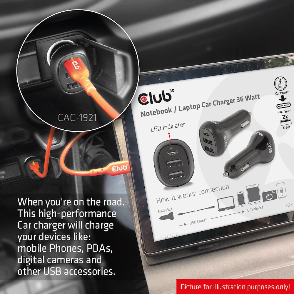 Club 3D Notebook / Laptop 12V KFZ-Ladegerät 36 Watt USB-A/USB-C