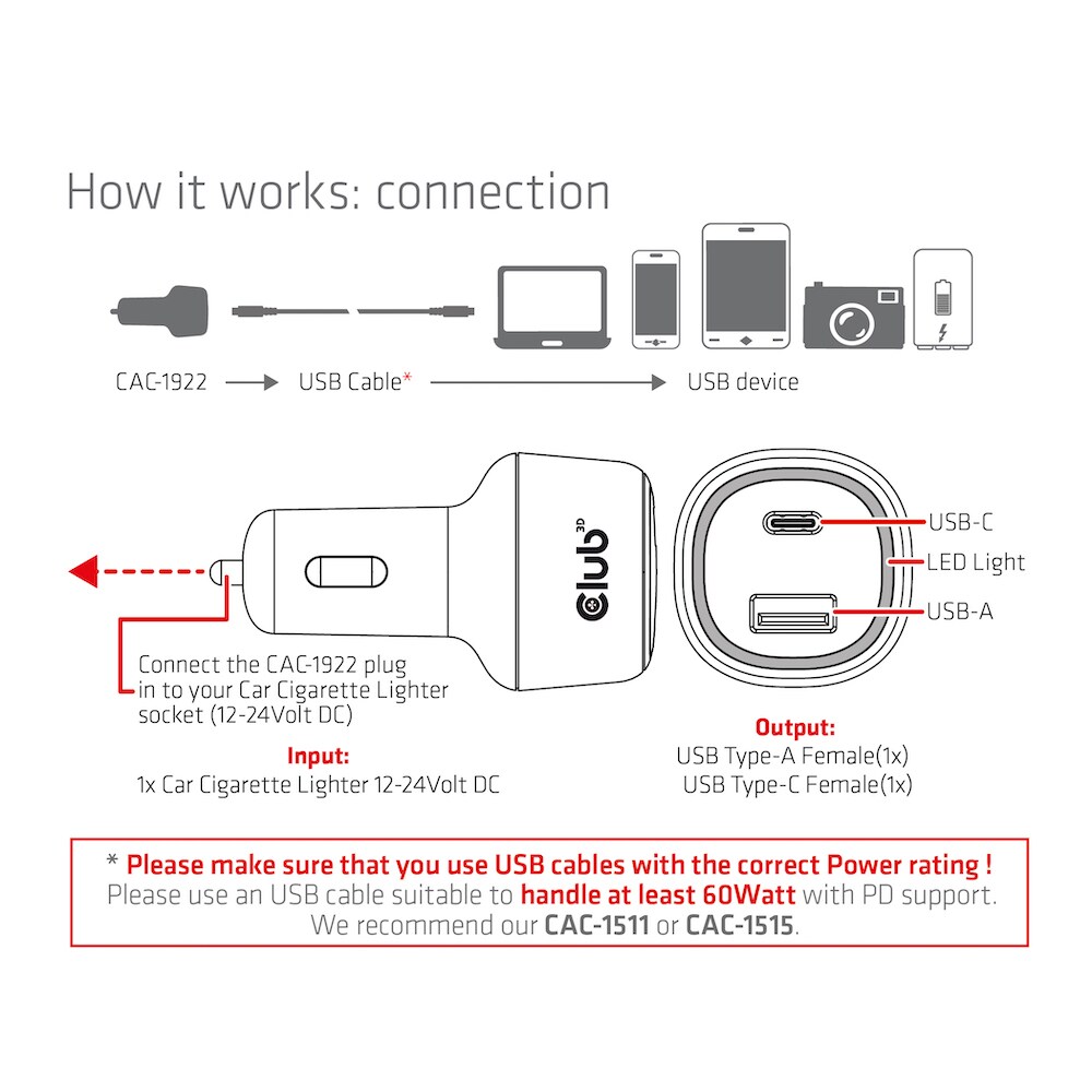 Club 3D NoteBook/Laptop 12V KFZ-Ladegerät 63 Watt USB-A/USB-C