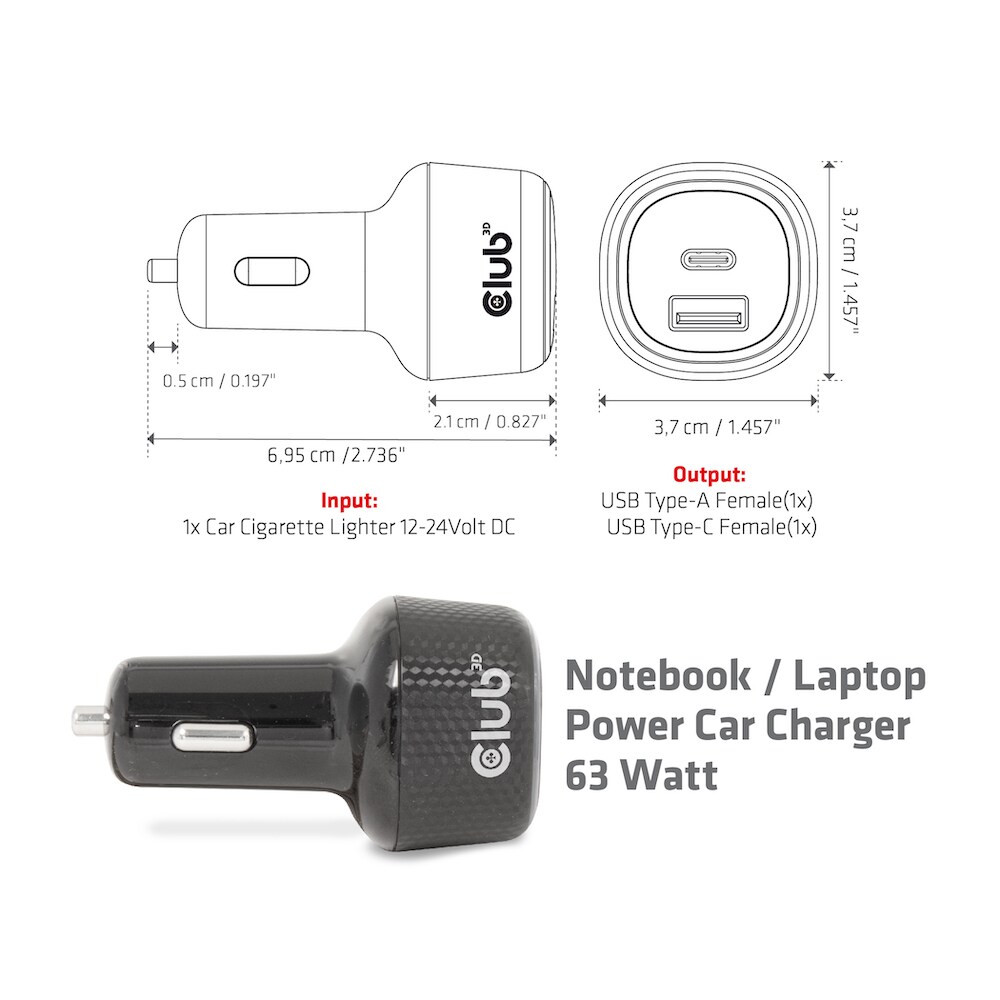 Club 3D NoteBook/Laptop 12V KFZ-Ladegerät 63 Watt USB-A/USB-C ++ Cyberport