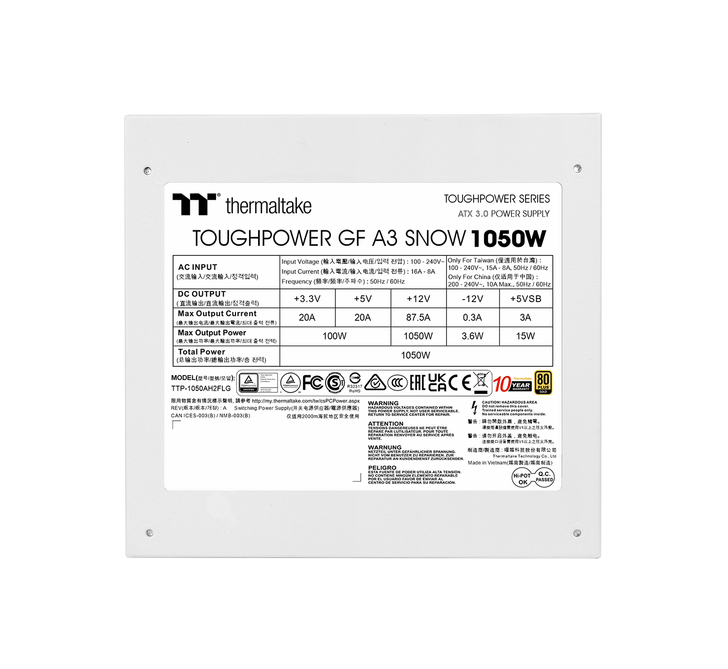 Thermaltake ToughPower GFA3 1050W Snow Netzteil Gaming ATX 3.0 80+ Gold PCIe 5.0