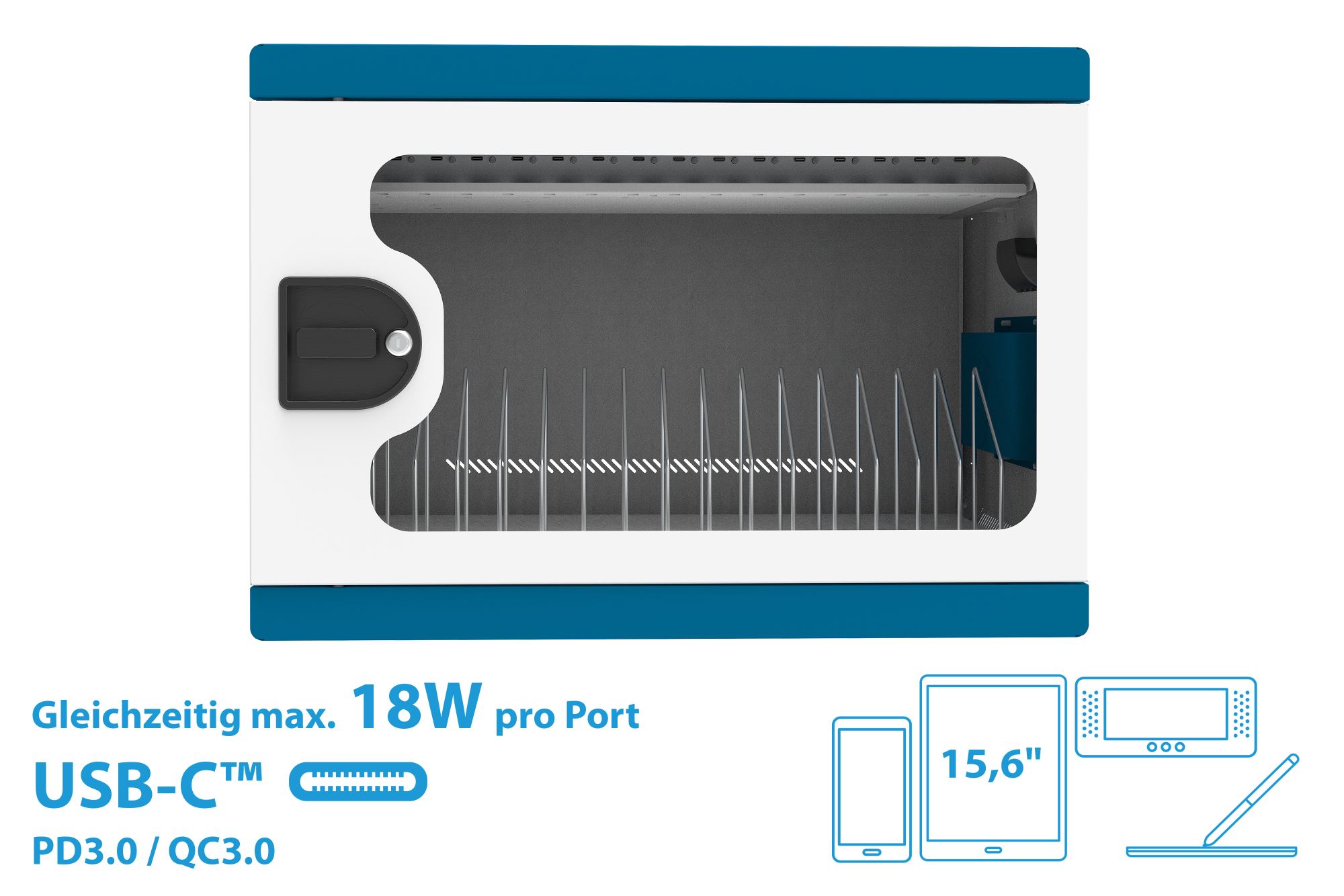 GC Ladeschrank/-wagen für 16 Geräte, USB-C, 18W - Port, PD 3.0, QC 3.0,weiß/blau