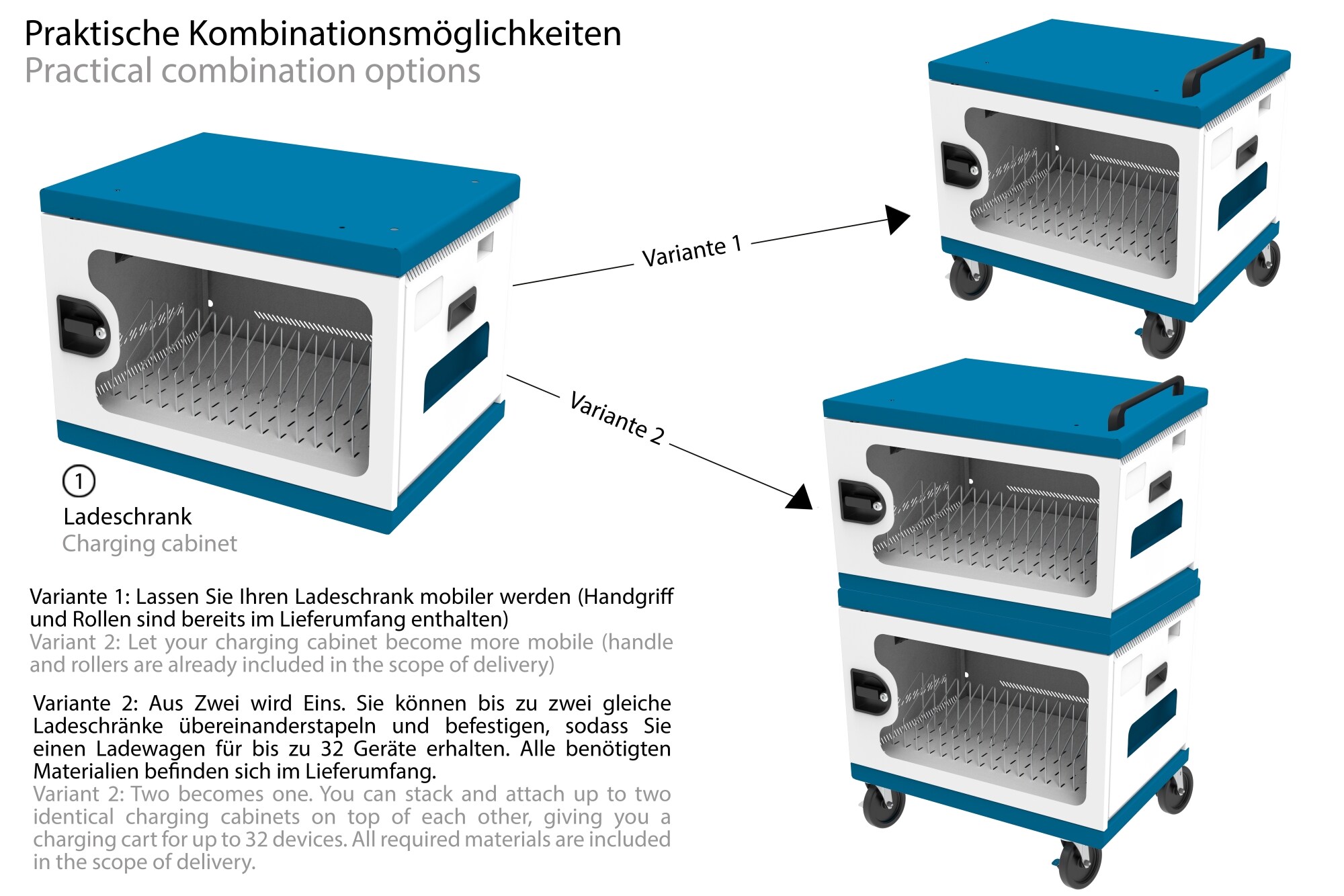 GC Ladeschrank/-wagen für 16 Geräte, USB-C, 18W - Port, PD 3.0, QC 3.0,weiß/blau