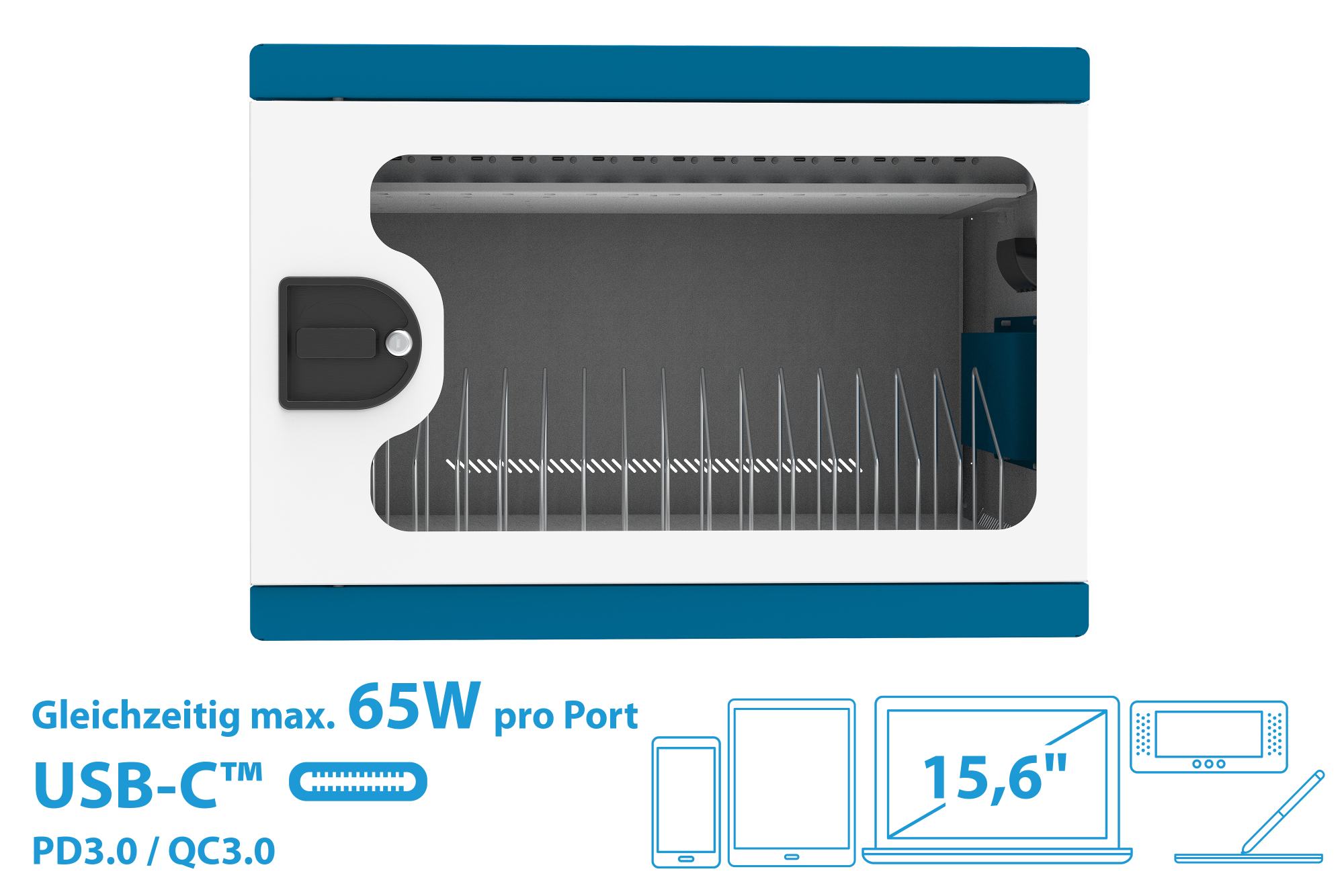 GC Ladeschrank/-wagen für 16 Geräte, USB-C, 65W - Port, PD 3.0, QC 3.0,weiß/blau