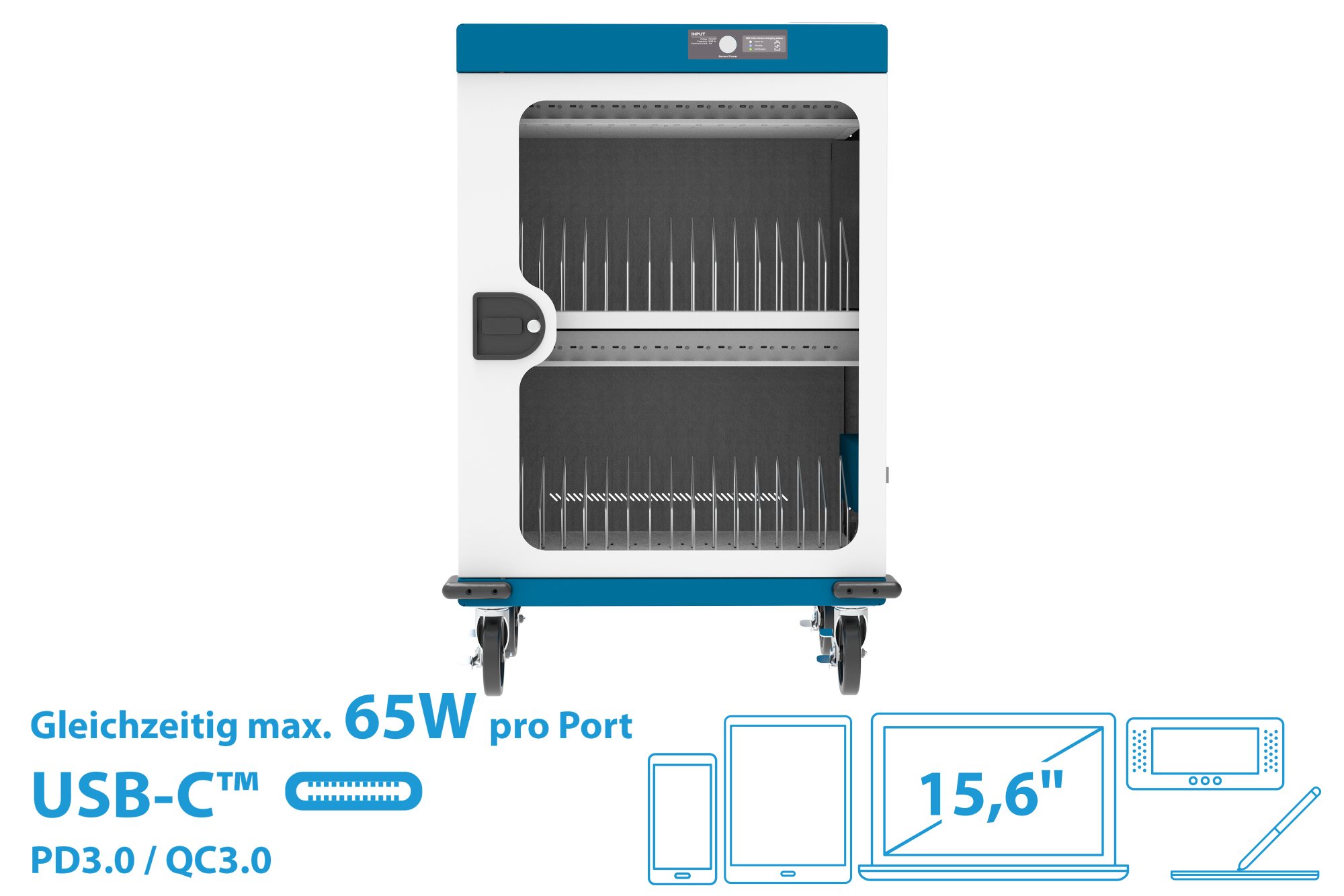 GC Ladewagen für 32 Geräte, USB-C, 65W pro Port, PD 3.0, QC 3.0, weiß/blau