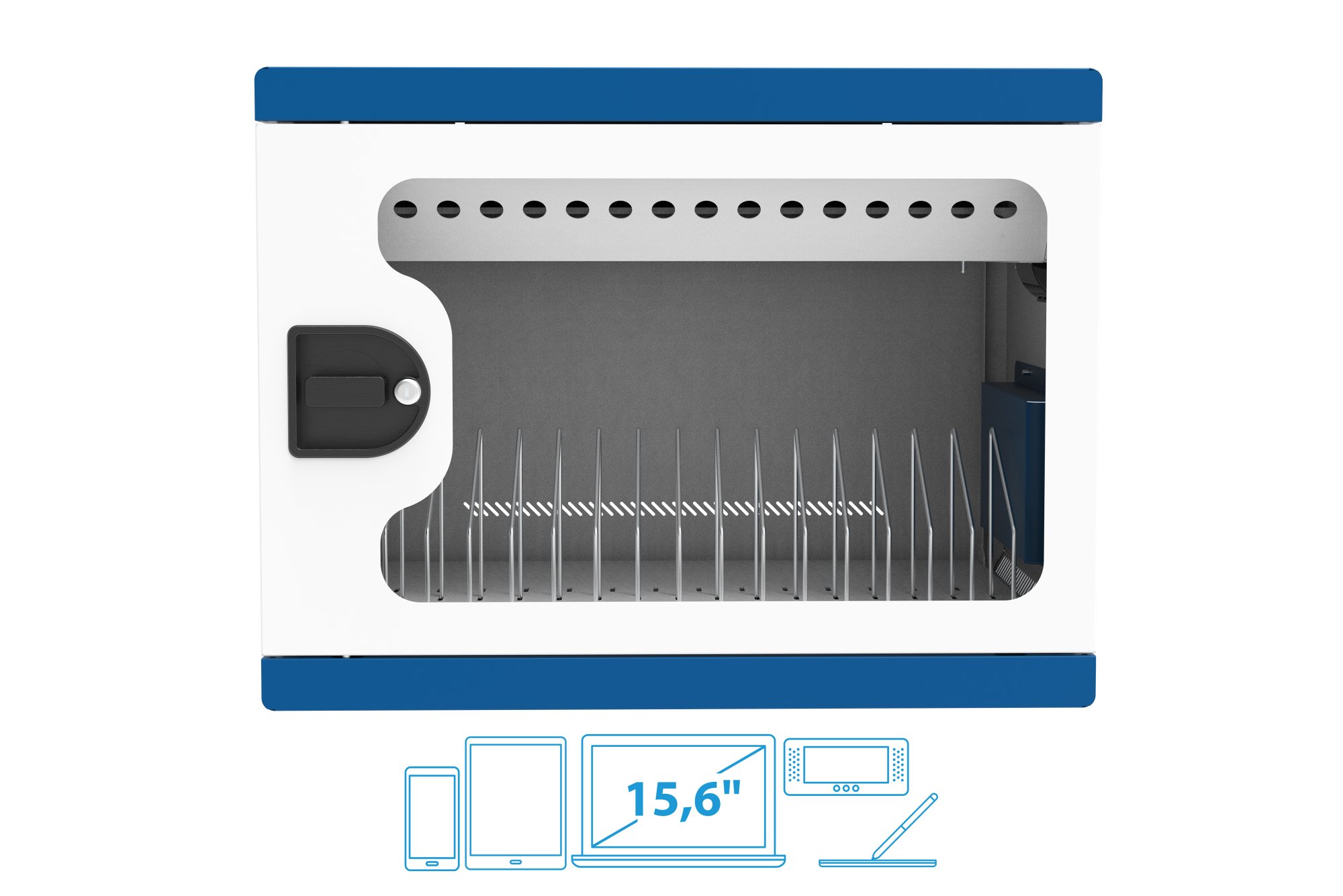 GC Notebook-Ladeschrank/-wagen für 16 Geräte, Schutzkontaktbuchsen, weiß/blau