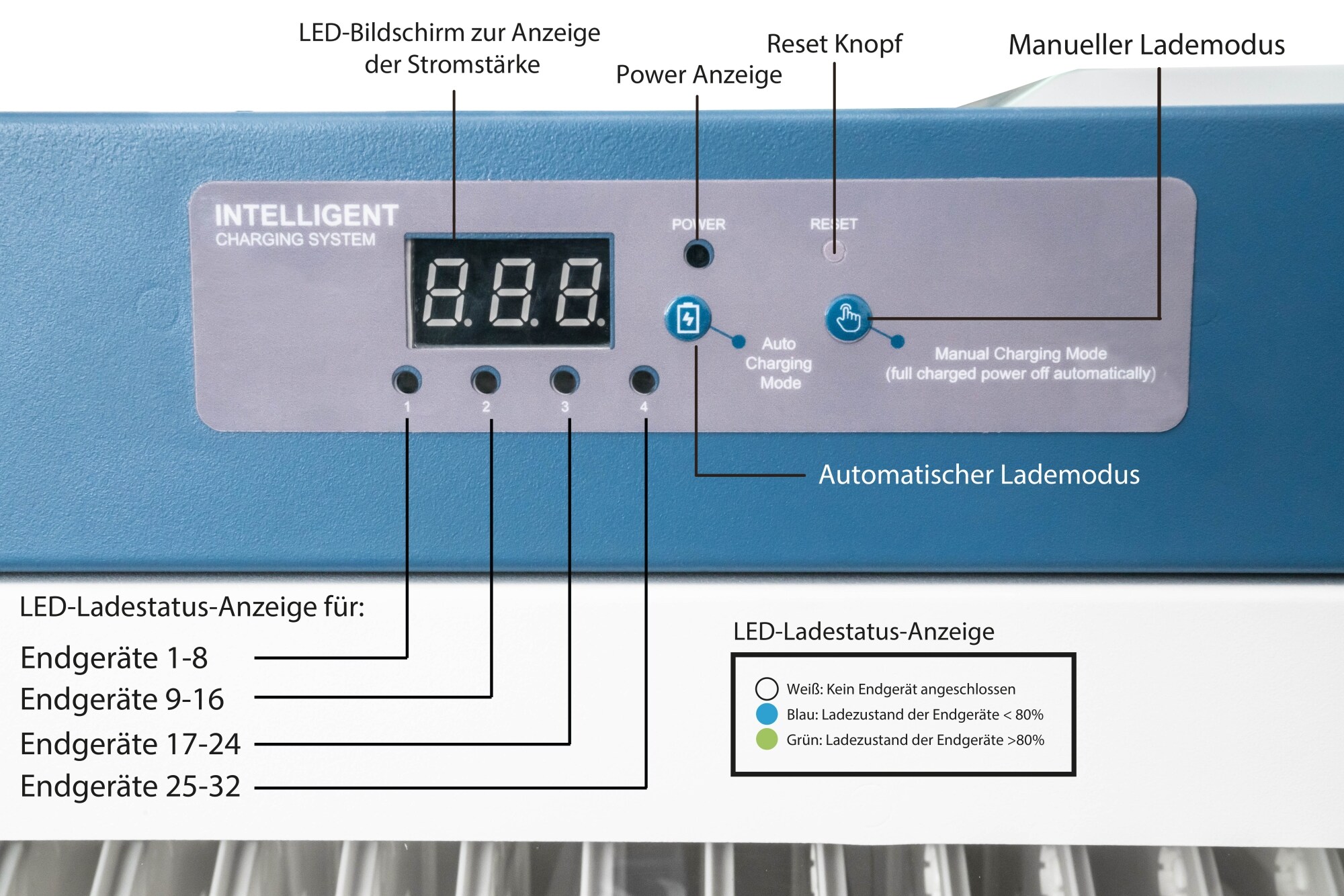 GC Notebook-Ladewagen für 32 Geräte, Schutzkontaktbuchsen, weiß/blau